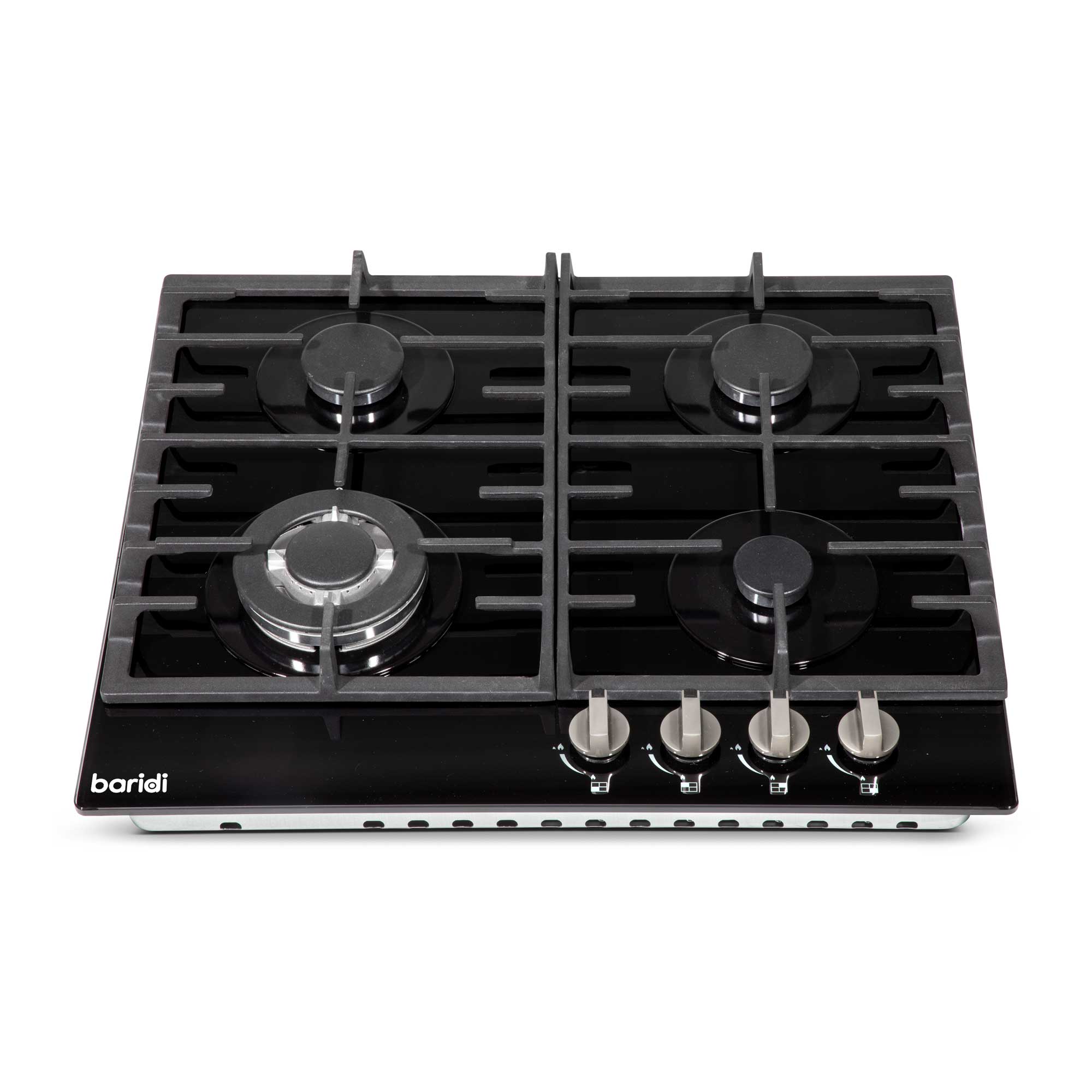 Baridi 60cm Built-In Gas on Glass Hob - 4 Burner with Cast Iron Pan Supports, Black Glass - Perfect for Modern Kitchens & Home Cooking (Model DH226)