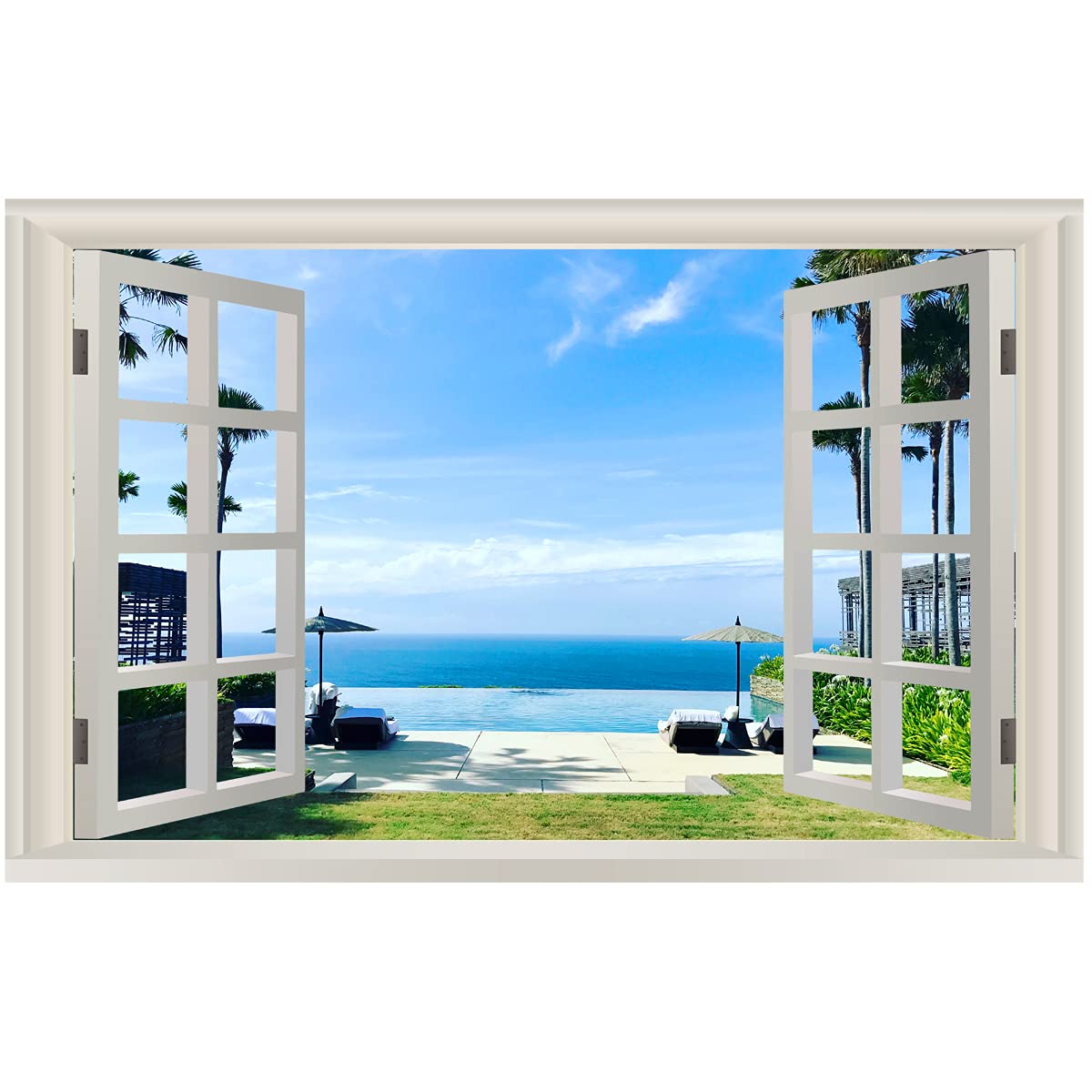 VWAQ Tropical Beach Vacation Wall Decal - Ocean Window View Sticker 36