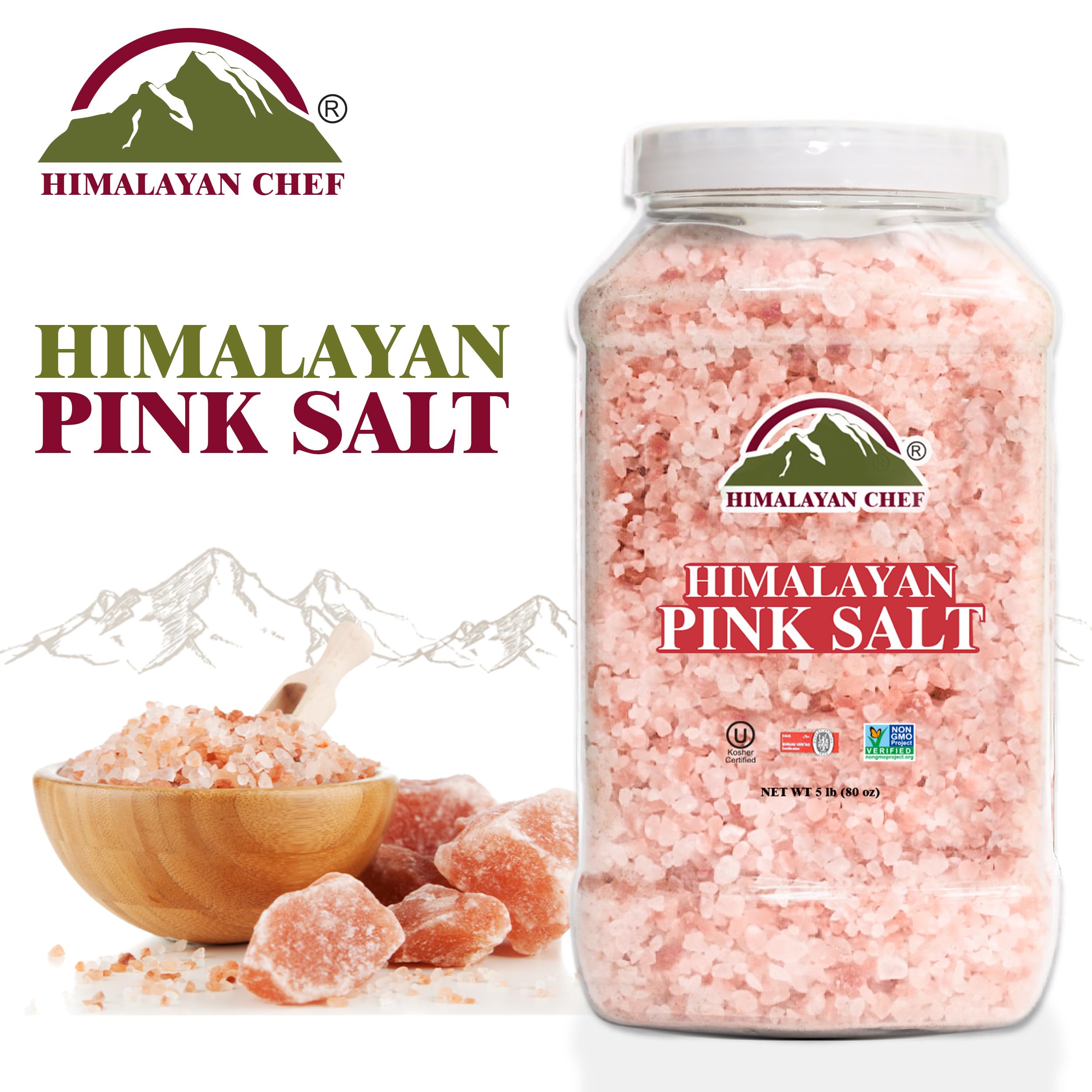Himalayan Pink Salt Coarse Grain - 5 lbs Plastic Jar for Salt Grinder Refill | 100% Natural, Non-GMO, Gluten-Free Rock Salt | Perfect for Cooking, Seasoning & Gourmet Dishes (Pack of 2)