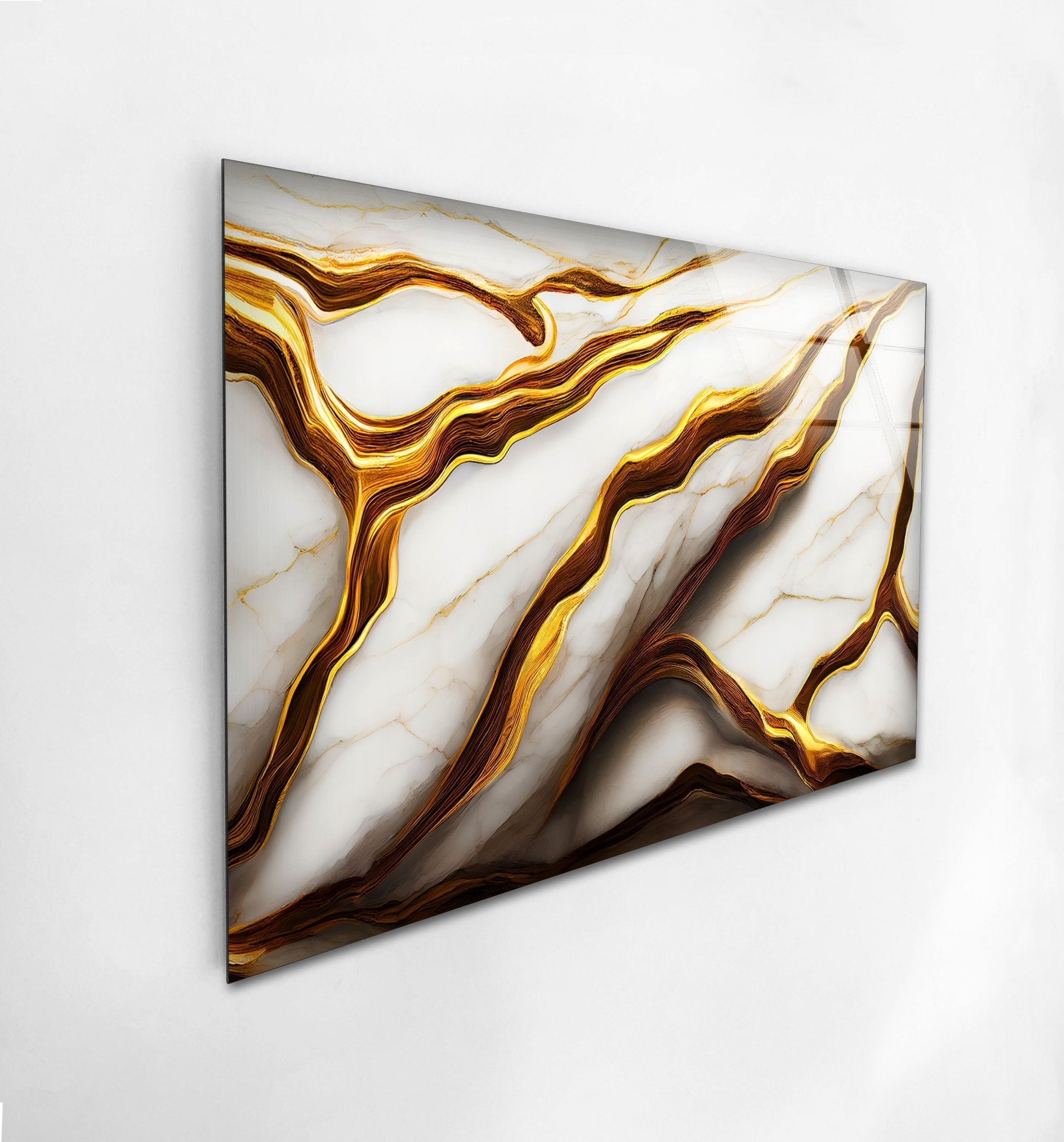 Abstract Golden Details Marble Glass Wall Art - Modern Home Decor for Living Room, Bedroom & Office | Elegant Handmade Glass Panel for Interior Design