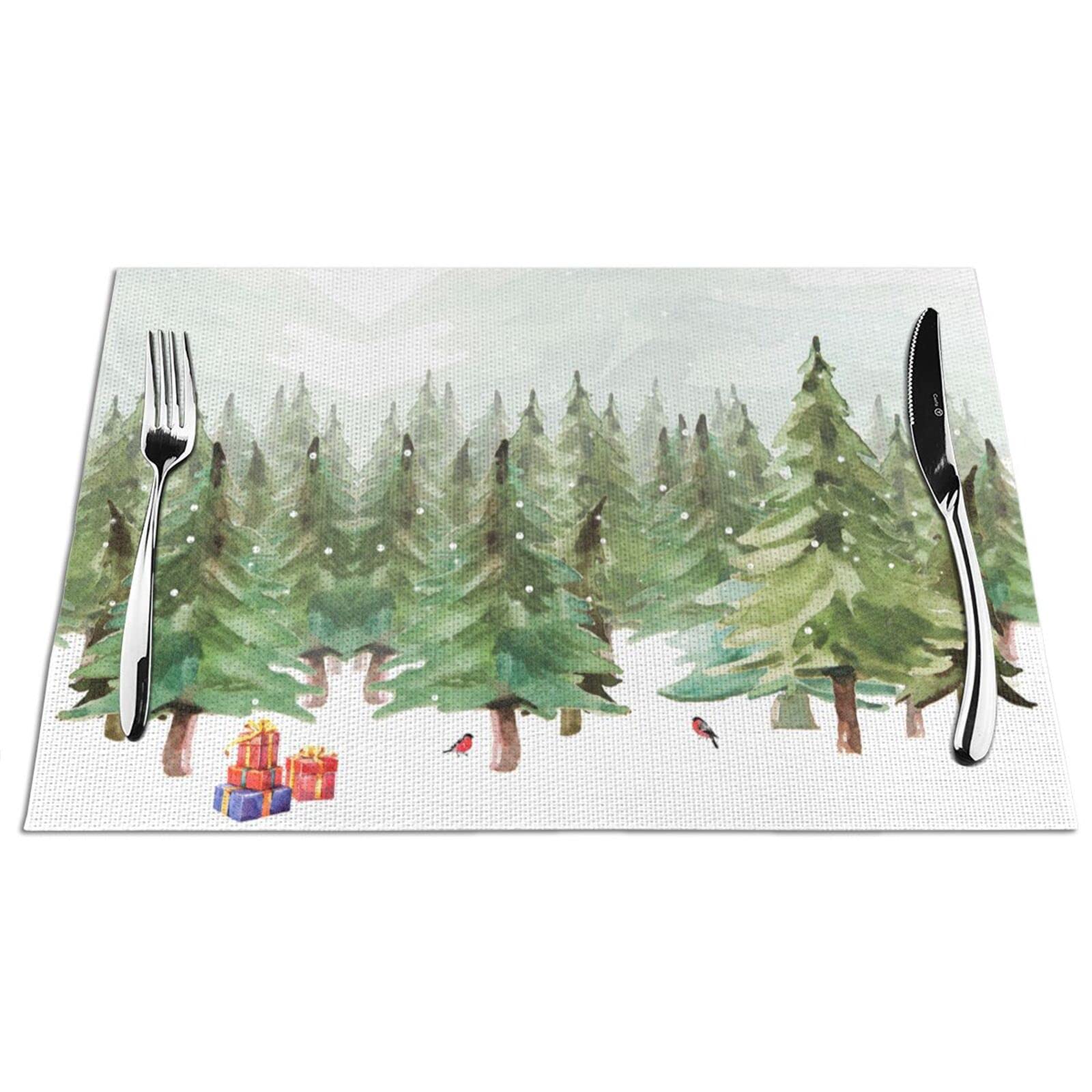 Christmas Pine Forest Placemats Set of 4 - Washable PVC Table Mats for Dining Table, Holiday Decor, Vinyl Woven Place Settings for Christmas Dinner Party & Home Decor