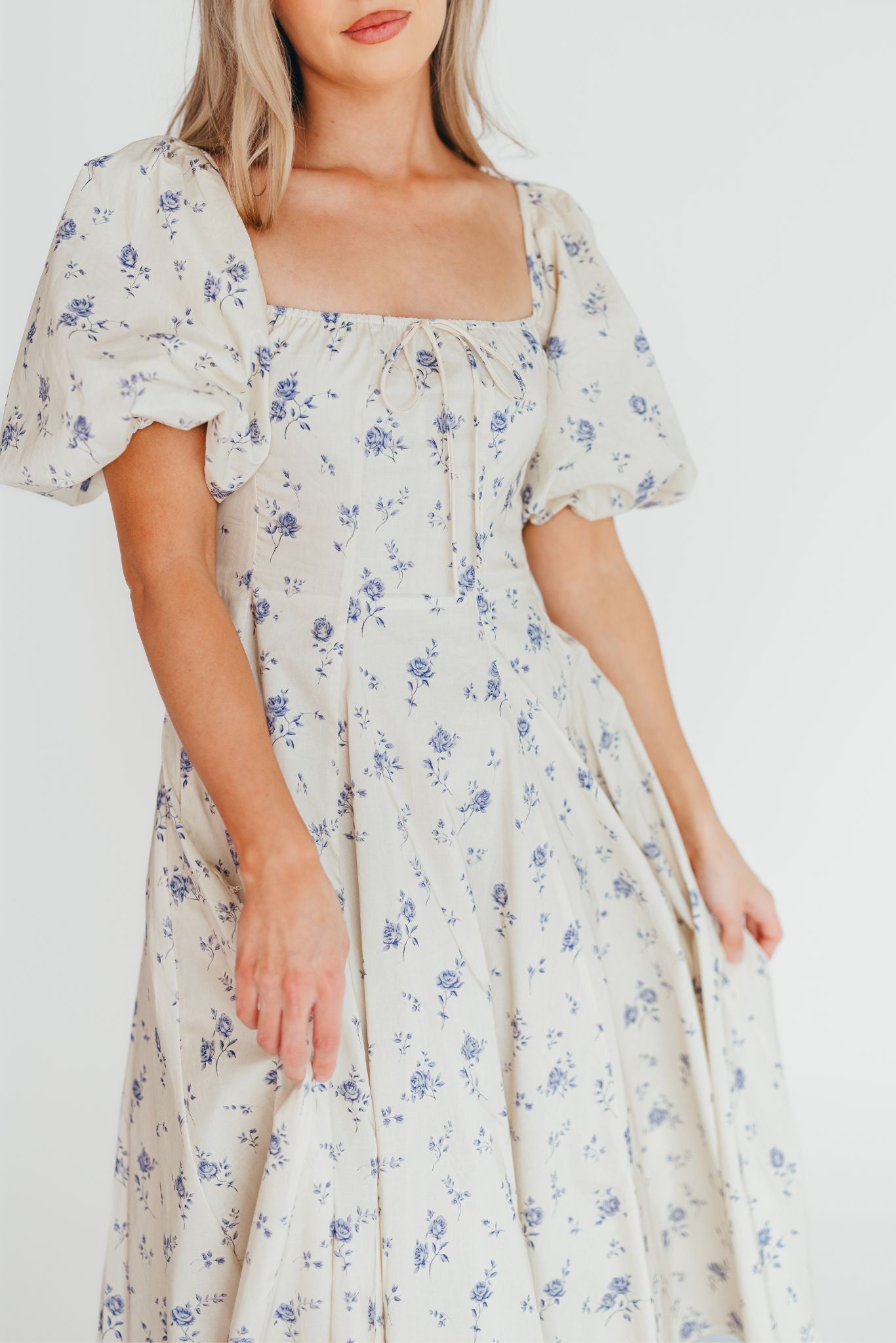 Olivia 100% Cotton Floral Printed Midi Dress in Ivory - Elegant Summer Dress for Women, Perfect for Beach Vacations, Garden Parties & Date Nights