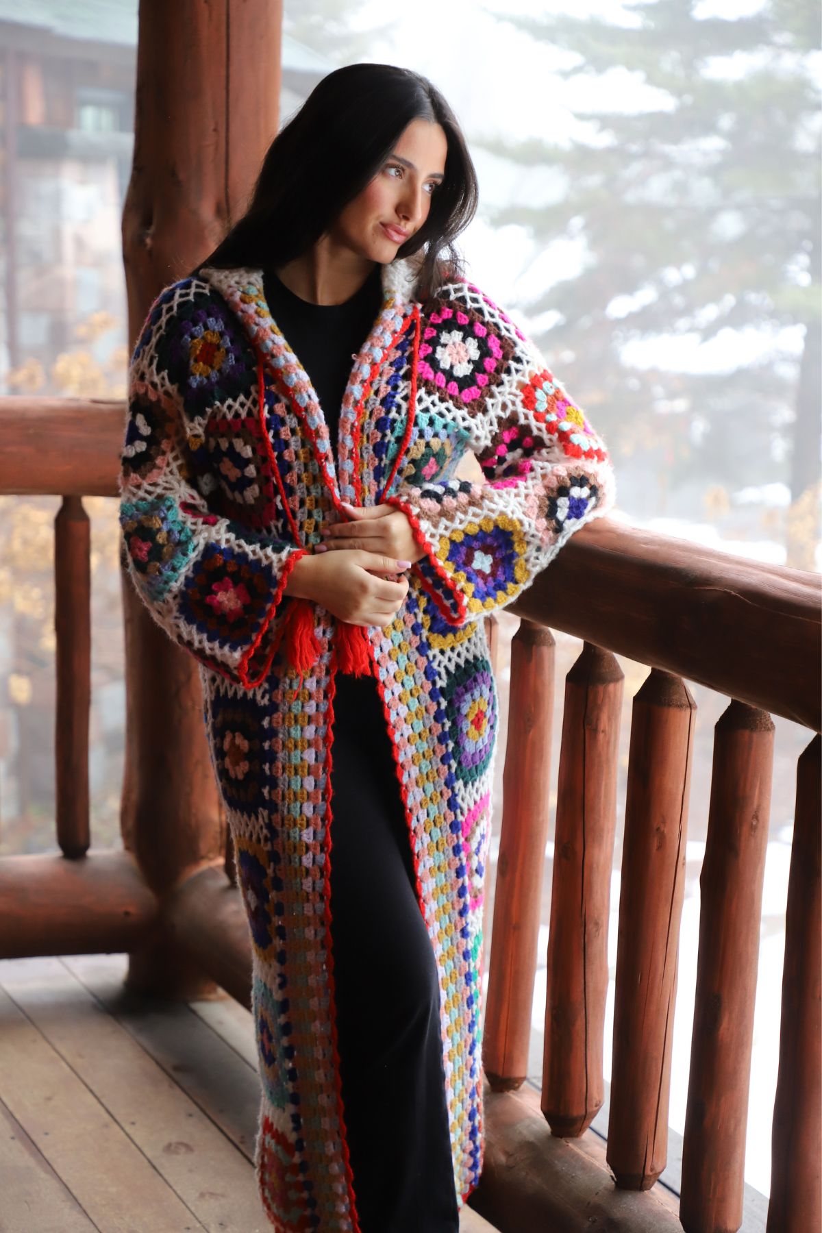 Stylish Hooded Granny Square Crochet Kimono Cardigan - Boho Chic Lace-Up Cover Up for Women - Perfect for Beach, Festival & Casual Wear