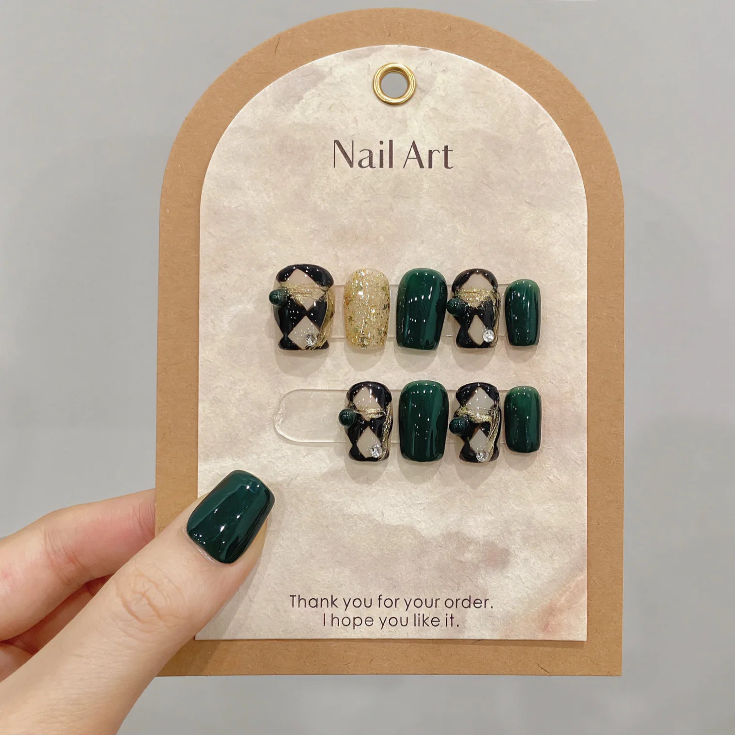 10Pcs Short Square Emerald Green Press on Nails with Gold Glitter - Handmade Fake Nails with Black Rhombus & Pearl Accents for Manicure | Perfect for Parties, Weddings & Special Occasions