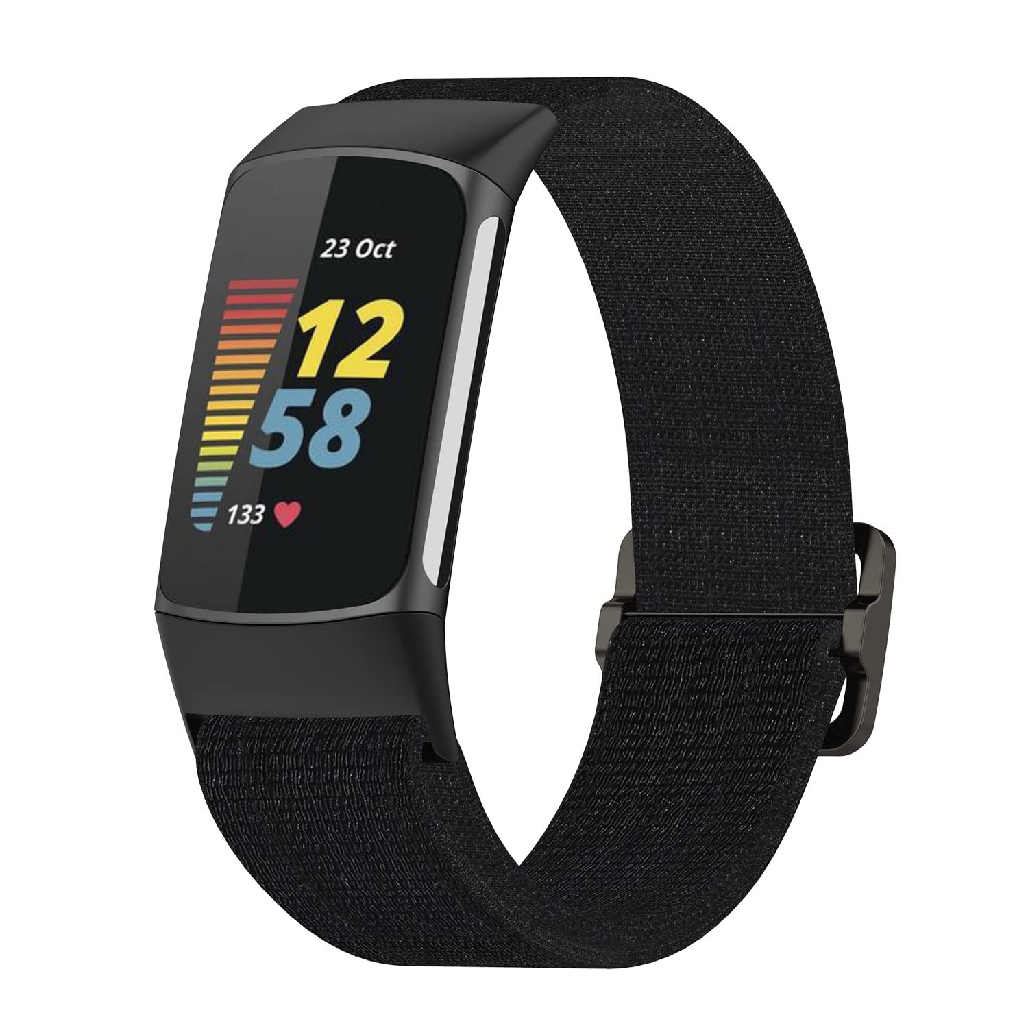 Adjustable Elastic Nylon Watch Band Replacement for Fitbit Charge 5 - Stretchable Breathable Sport Solo Loop Wristband for Women & Men (Black) - Perfect for Running, Workouts & Everyday Wear