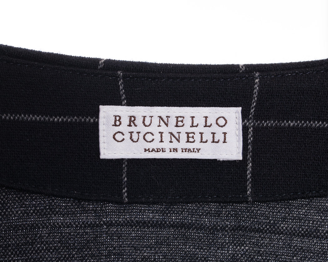 Brunello Cucinelli Navy Blue Wool Check Jumpsuit with Grey Cuffs - Size M | Women's Luxury Fashion for Office & Evening Events