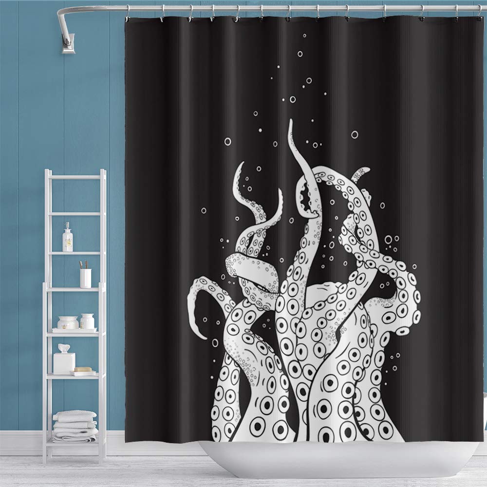 OERJU 71x71 Inches Abstract Seaweed Print Shower Curtain - Waterproof Polyester Fabric with Modern Watercolor Art Design for Bathroom Decor, Black Washable Bath Curtain (Perfect for Coastal, Boho or Contemporary Bathroom Styles)