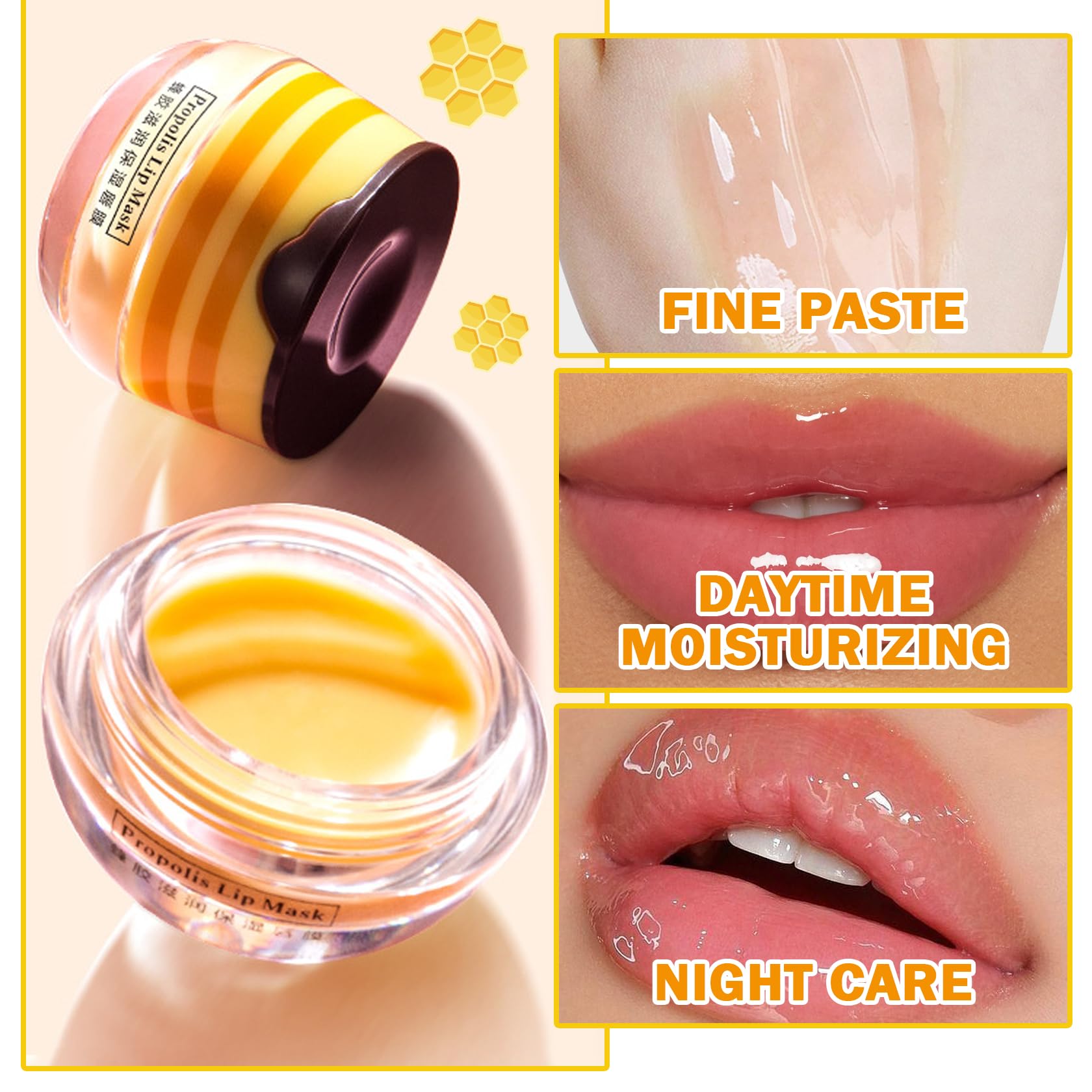 Honey Propolis Lip Balm for Dry & Cracked Lips - Moisturizing Lip Treatment with Hydrating Formula to Reduce Lip Lines & Exfoliate - Includes Lip Brush for Overnight Sleeping Mask | Perfect for Winter Care & Daily Lip Hydration