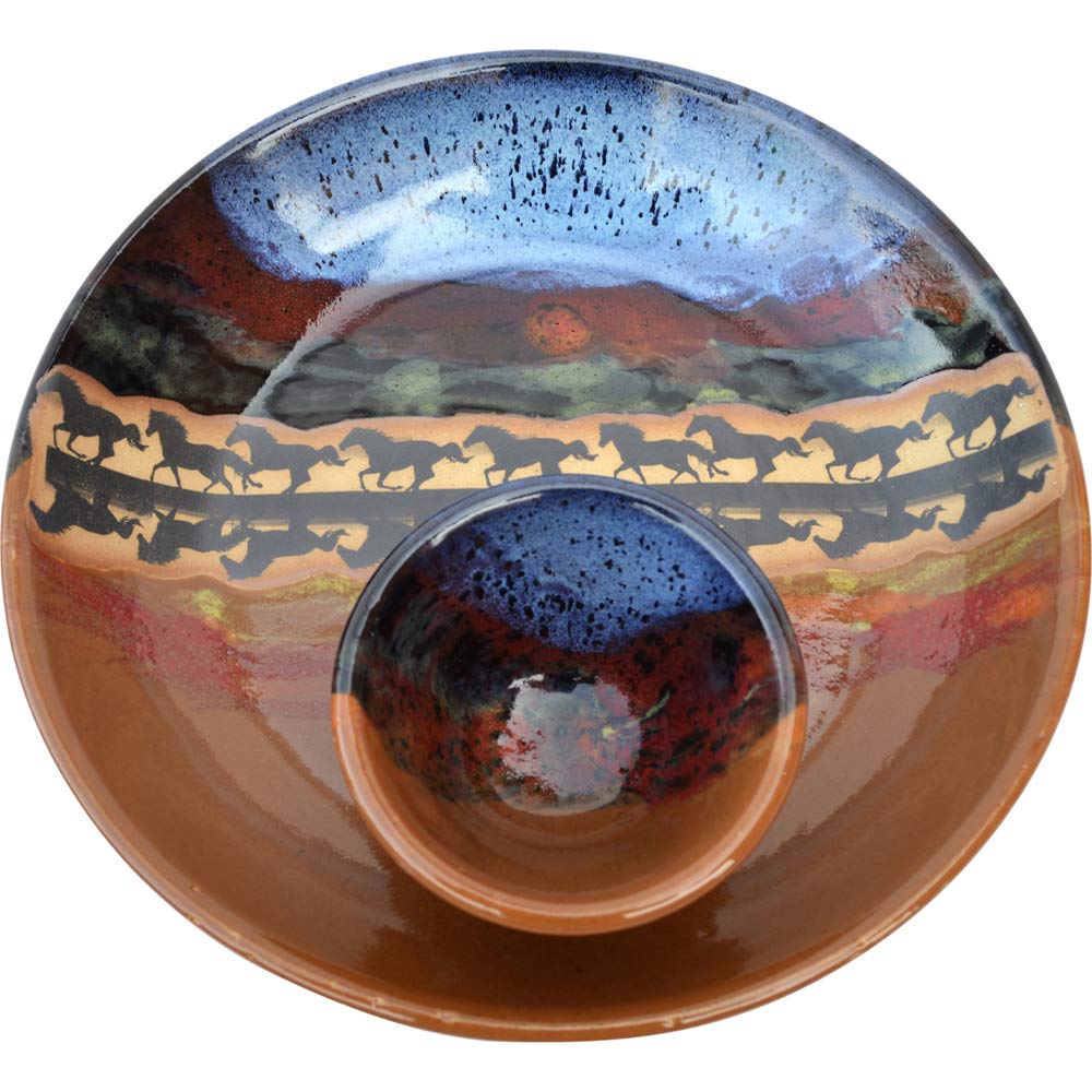 Handmade Ceramic Chip and Dip Serving Platter with Dipping Bowl - Horse Reflection Design & Azulscape Glaze - Traditional Polished Stoneware - Perfect for Parties, Entertaining, and Snack Serving