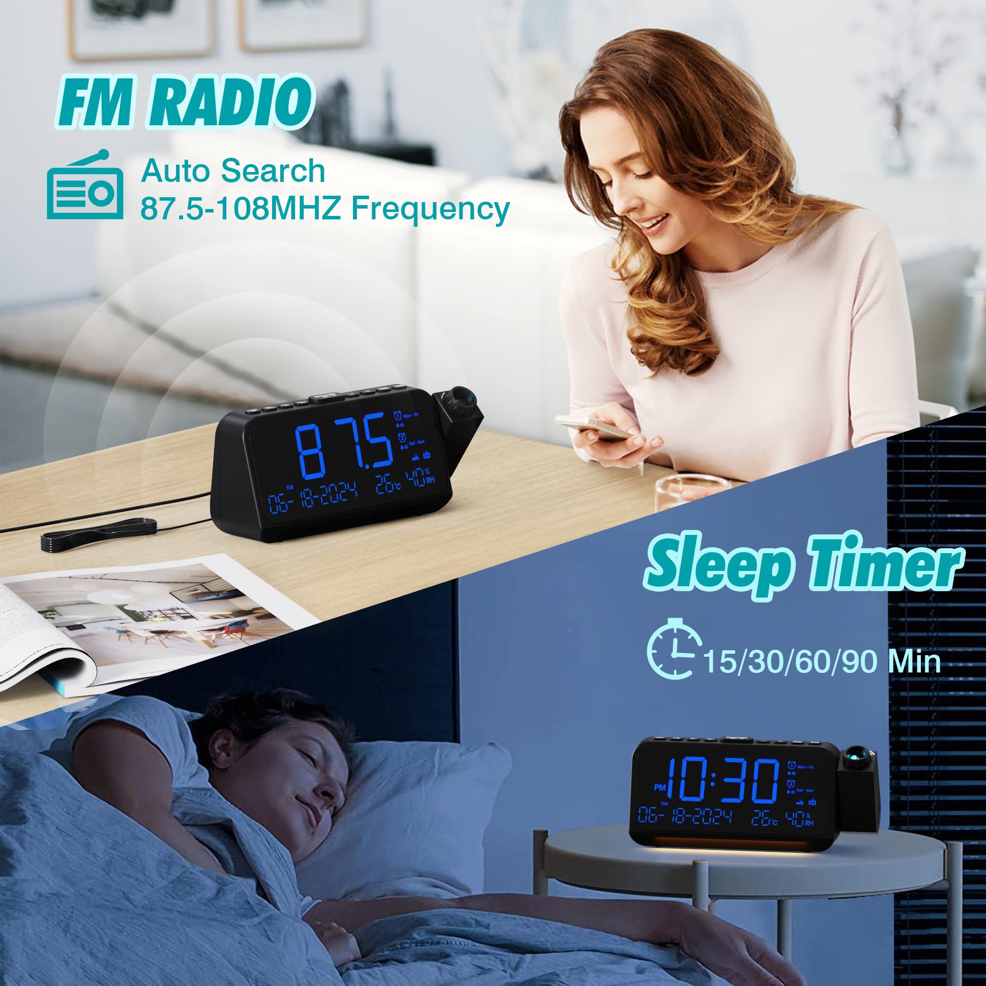 LED Projection Alarm Clock with FM Radio, Digital Clock with Dual Alarm, Adjustable Night Light, Temperature & Humidity Display, 5-Level Dimmer & USB-C Charging - Perfect for Bedroom, Office, and Travel Use