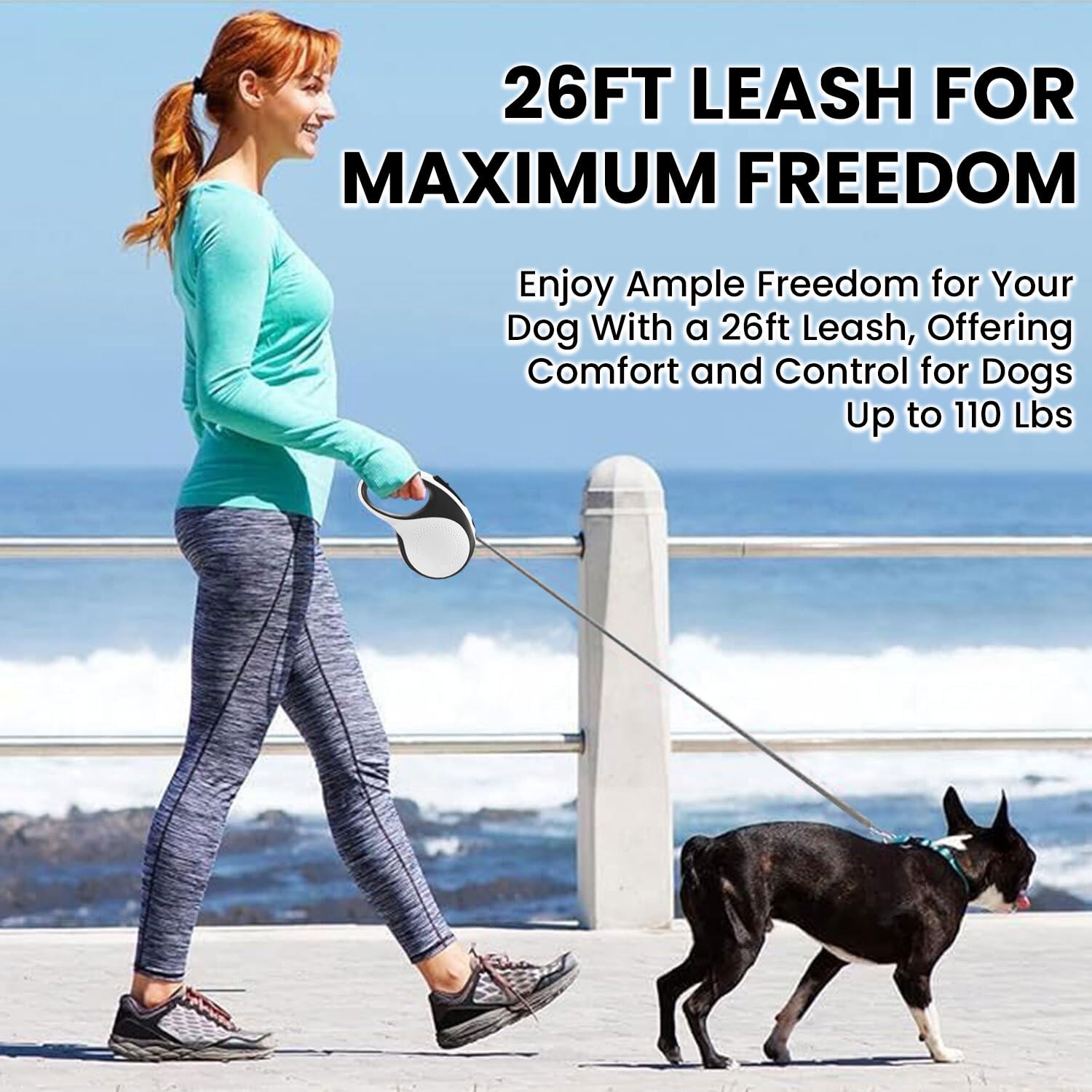 Best Retractable Dog Leash for Large Dogs up to 110lbs - 26ft Heavy Duty Pet Leash with Poop Bag Dispenser & LED Flashlight, One-Button Brake System (White) - Perfect for Walking, Jogging & Nighttime Safety with Your Medium to Large Breed Dog