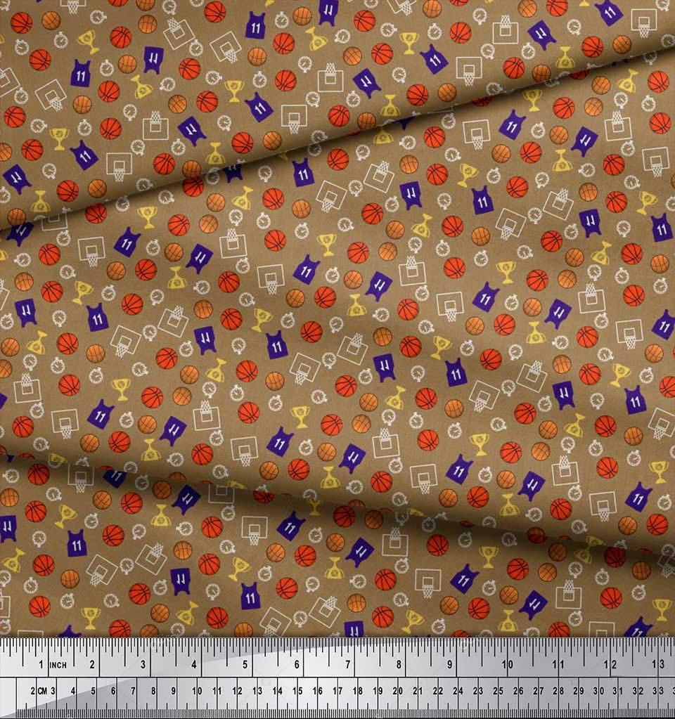 Soimoi Silk Brown Fabric by The Yard - 42 Inch Wide - Sports Theme Printed Fabric with Trophy, Timer Clock & Basketball Design - Perfect for DIY Sports Jerseys, Quilting, and Championship Decorations