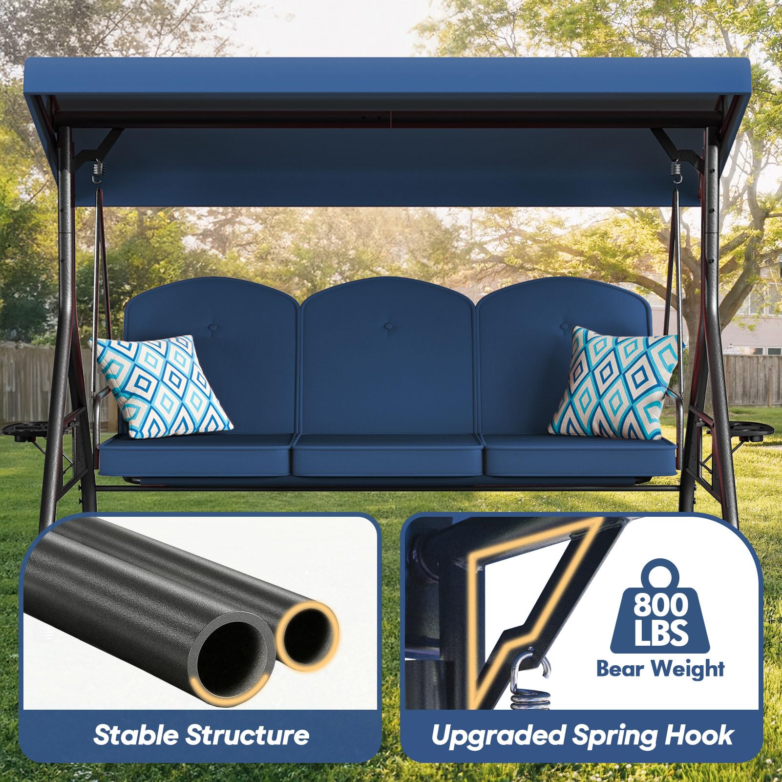3-Seat Outdoor Porch Swing with Stand - 800lb Capacity 2-in-1 Patio Glider Chair with Adjustable Canopy & Removable Cushions - Heavy Duty Steel Frame for Yard, Garden, Deck or Backyard Relaxation (Blue, Round Tube Design)