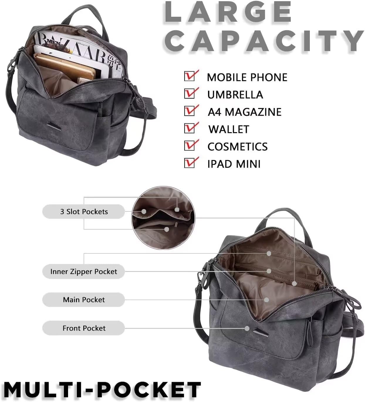 Women's PU Leather Backpack Purse - Fashion Multipurpose Handbag for Travel & Daily Use