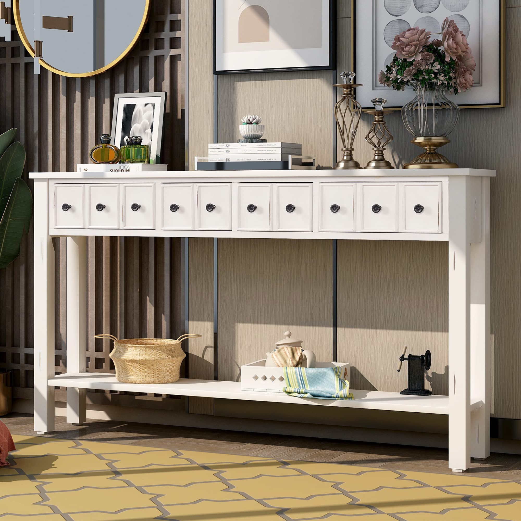 Rustic Entryway Console Table 60 Inch - Narrow Long Sofa Table with 2 Drawers & Shelf - Antique White Wood 2-Tier Console Table for Living Room, Hallway, Bedroom - Perfect for Small Spaces & Home Decor