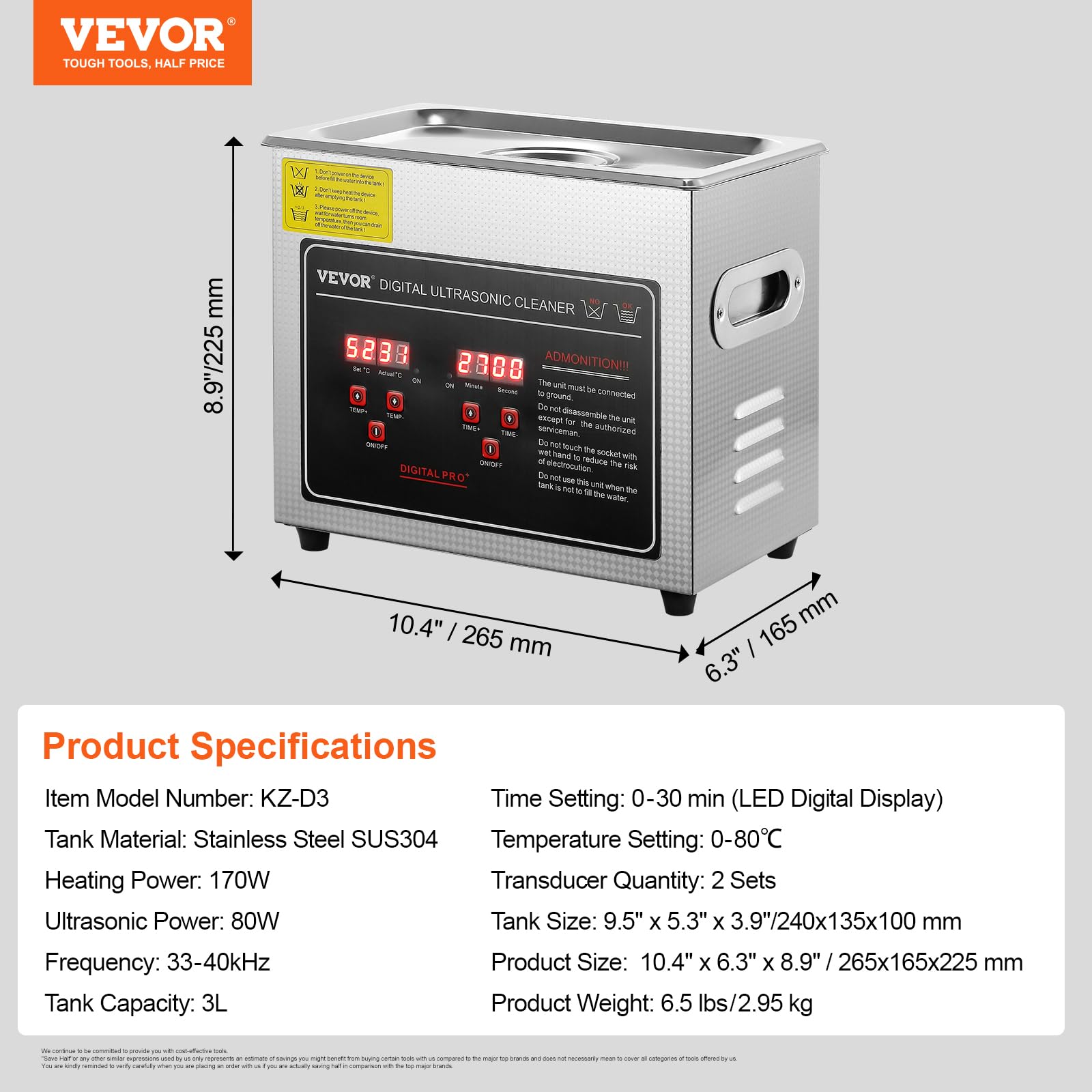 VEVOR 3L Ultrasonic Cleaner with Digital Timer & Heater - Professional Jewelry, Watch, Glasses Cleaner - Stainless Steel Heated Cleaning Machine for Rings, Small Parts, Circuit Boards - Perfect for Home, Jewelry Stores, and Electronics Repair Shops