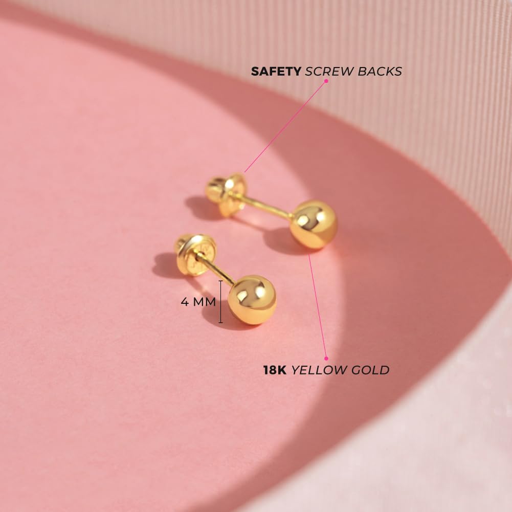 18k Yellow Gold Classic Ball Safety Screw Back Stud Earrings for Babies & Toddlers (3mm-5mm) – Hypoallergenic Baby Girl Earrings for First Piercing, Birthday Gifts & Special Occasions