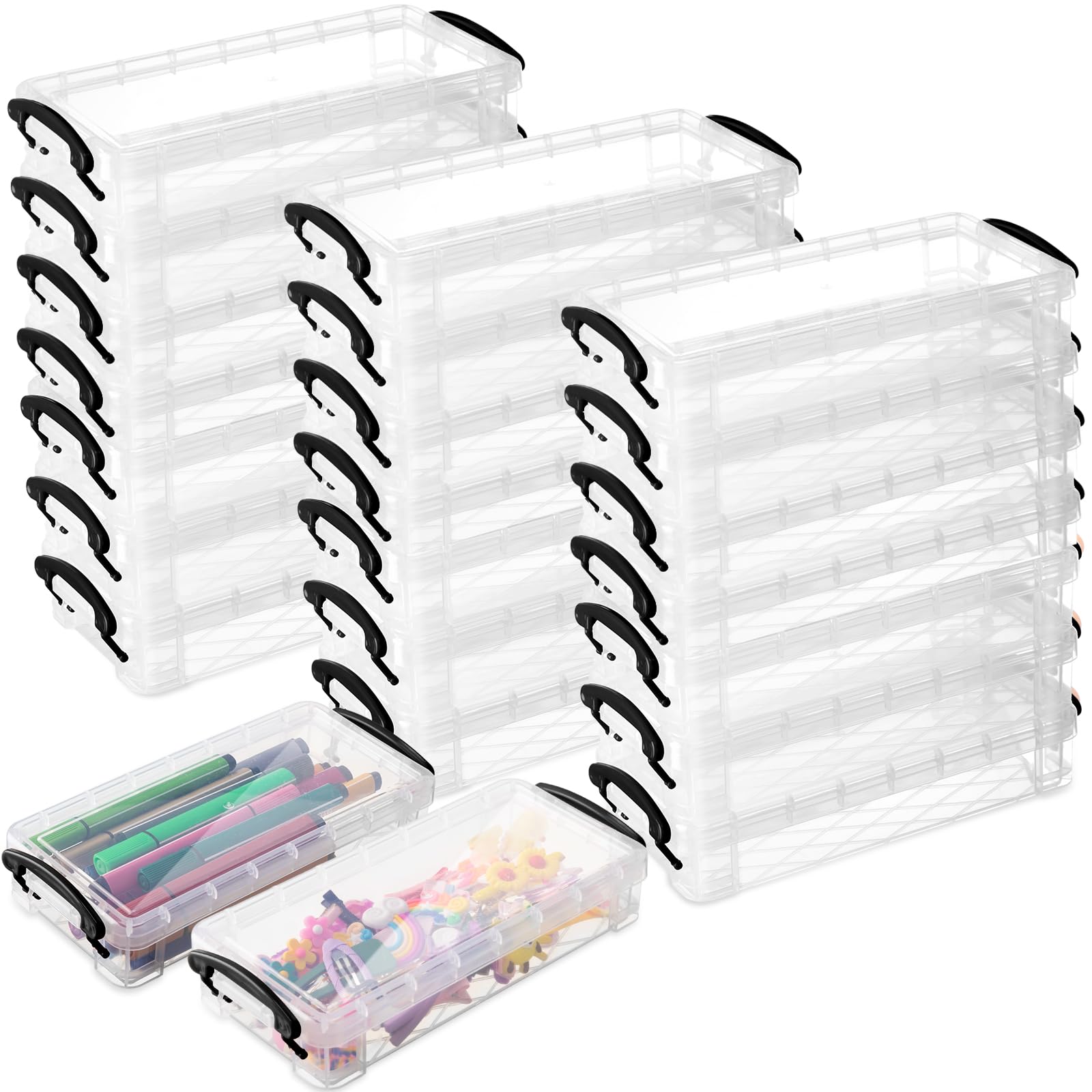 Gueevin 24-Piece Large Capacity Clear Plastic Pencil Case with Snap-Tight Lid - Crayon Storage Box, Watercolor Pen Holder & Brush Organizer for School, Office & Art Supplies (Black) - Perfect for Students, Artists & Professionals