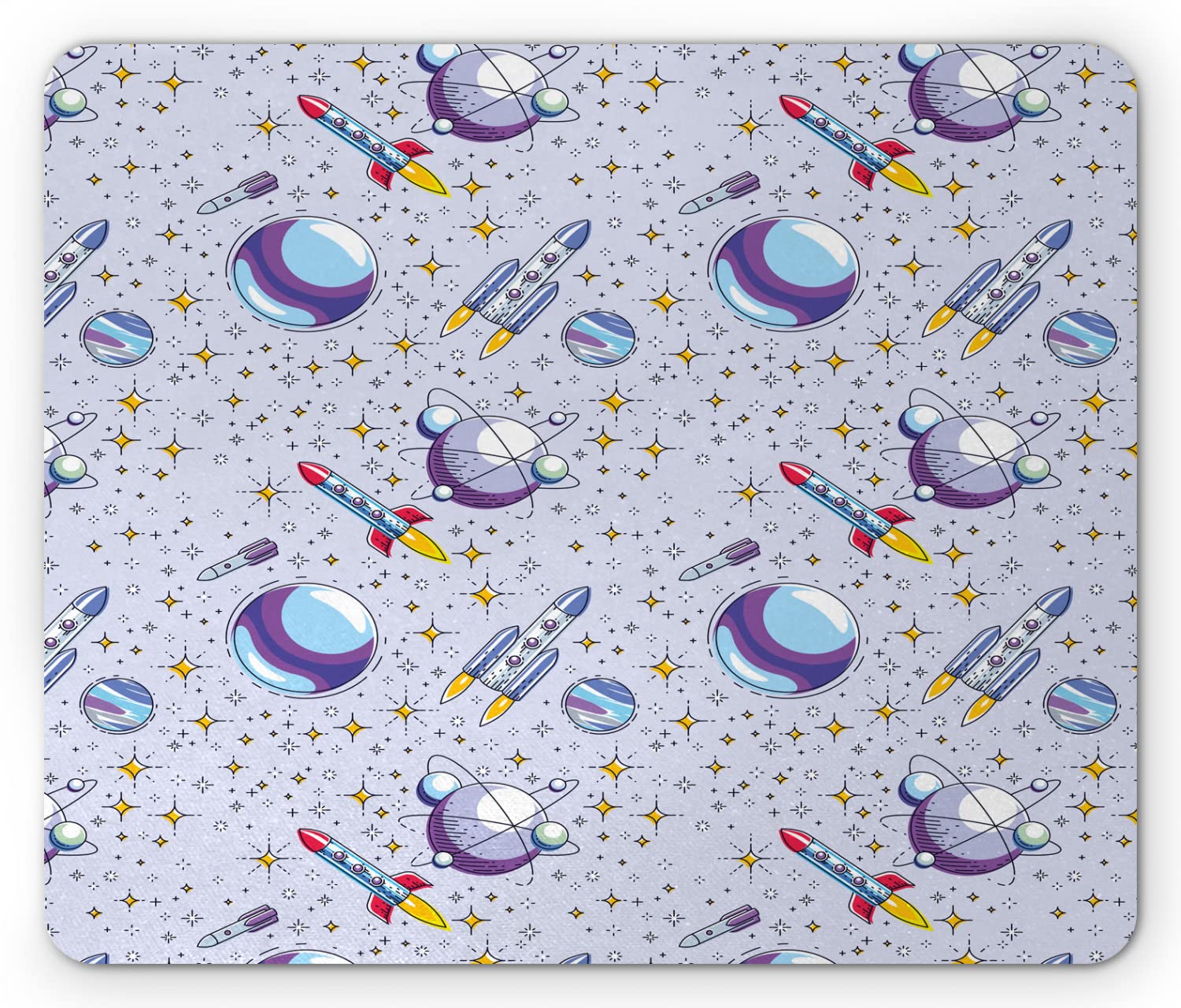 Ambesonne Outer Space Mouse Pad - Colorful Cartoonish Cosmos Design with Rockets & Planets, Non-Slip Rubber Base, Standard Size Rectangle Mousepad (Pastel Purple Multicolor) - Perfect for Gaming, Office & Home Computer Use
