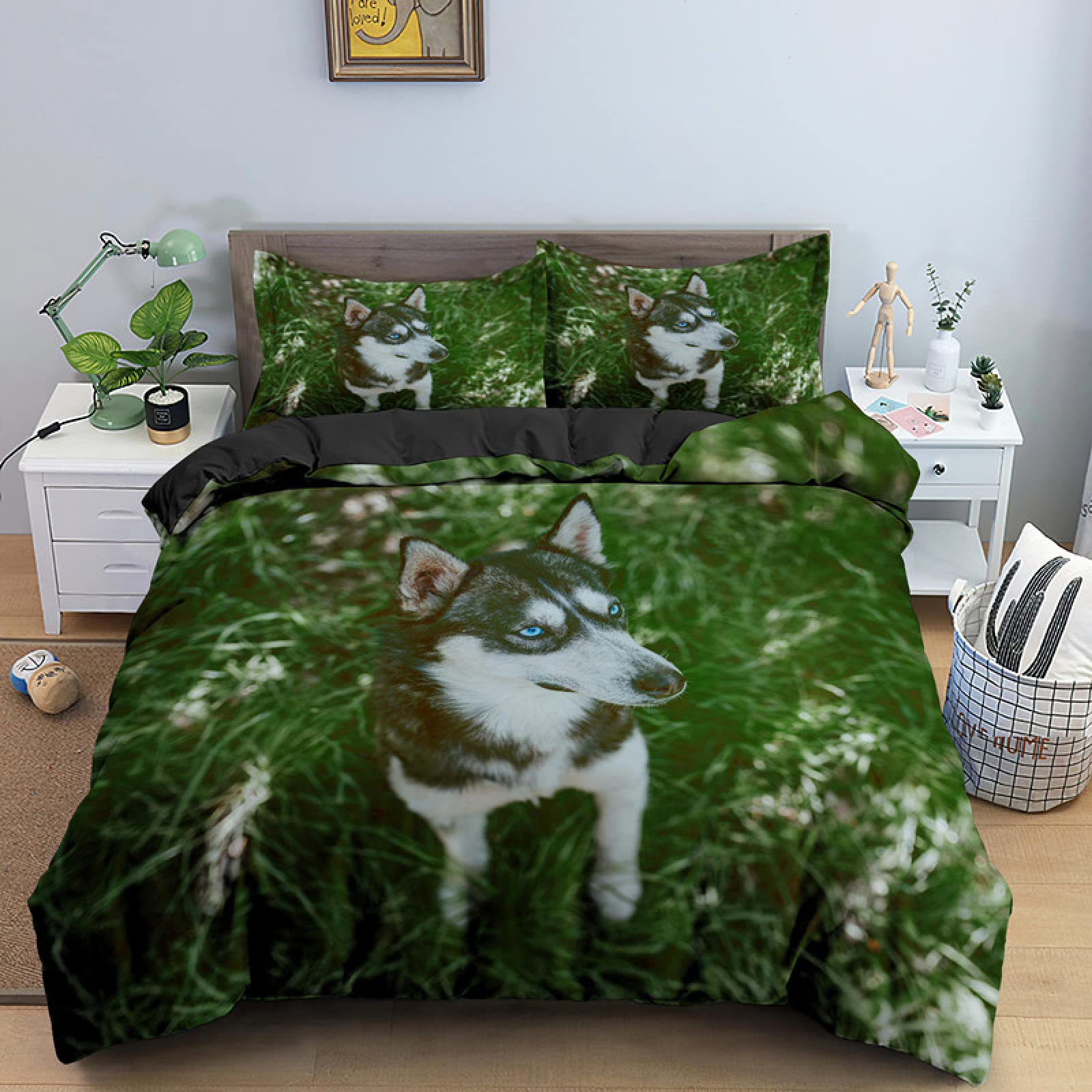 Green Husky Queen Comforter Set - 110g/㎡ Microfiber Duvet Cover with 2 Pillowcases (20