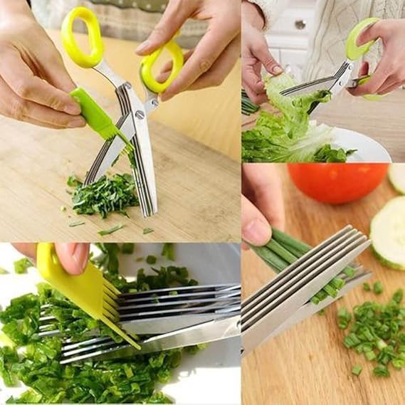 5-in-1 Multi-Purpose Stainless Steel Kitchen Scissors - Herb Cutter, Vegetable Chopper, Spice Grinder with Cleaning Brush - Perfect for Cooking, Meal Prep & Food Processing - Pack of 1