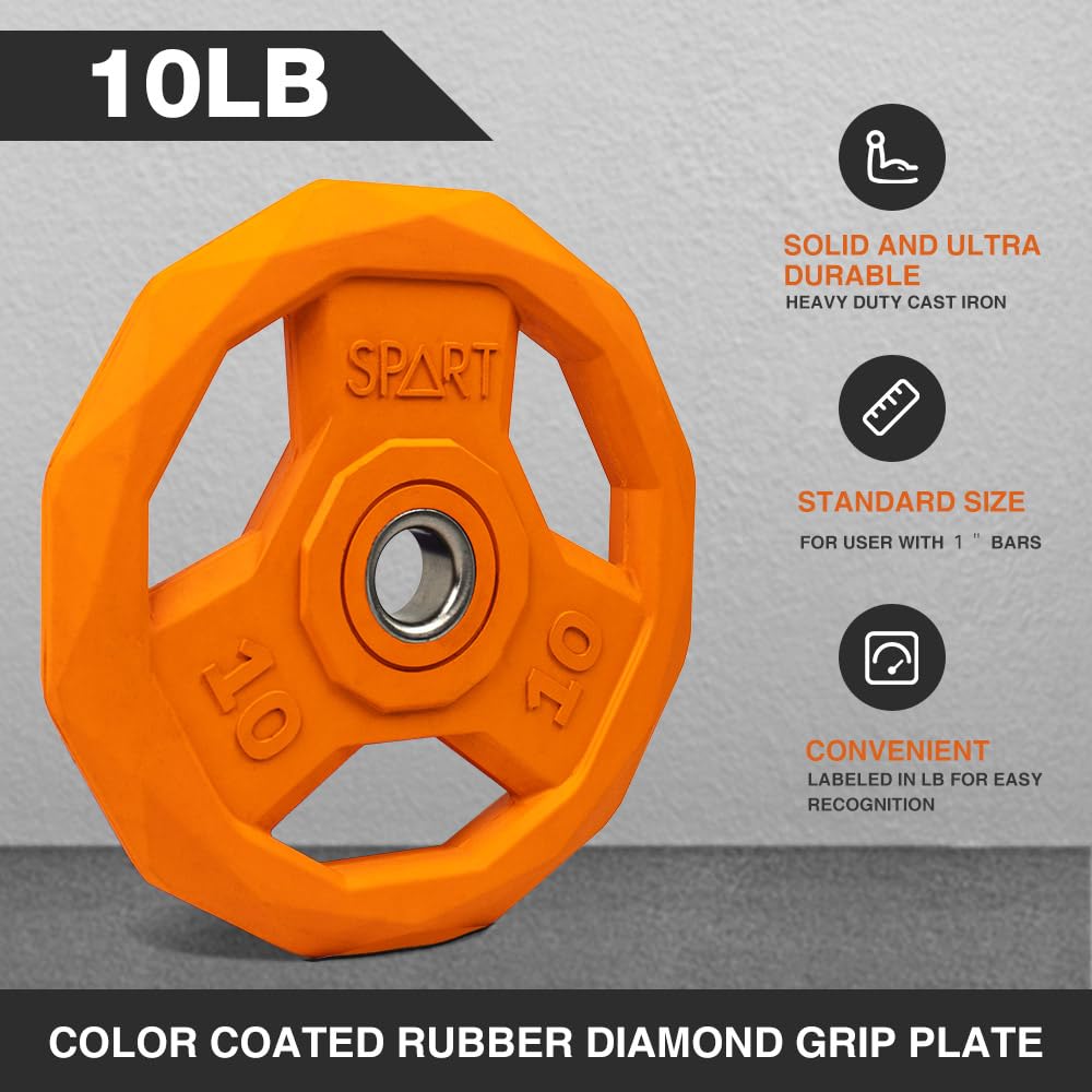 SPART Color Coded 1-Inch Rubber Coated Weight Plates - Solid Cast Iron Standard Grip Plates for Barbell Strength Training, Weightlifting & Crossfit - Fits 25mm/28mm Olympic Bars - Perfect for Home Gym, Commercial Fitness & Crossfit Boxes