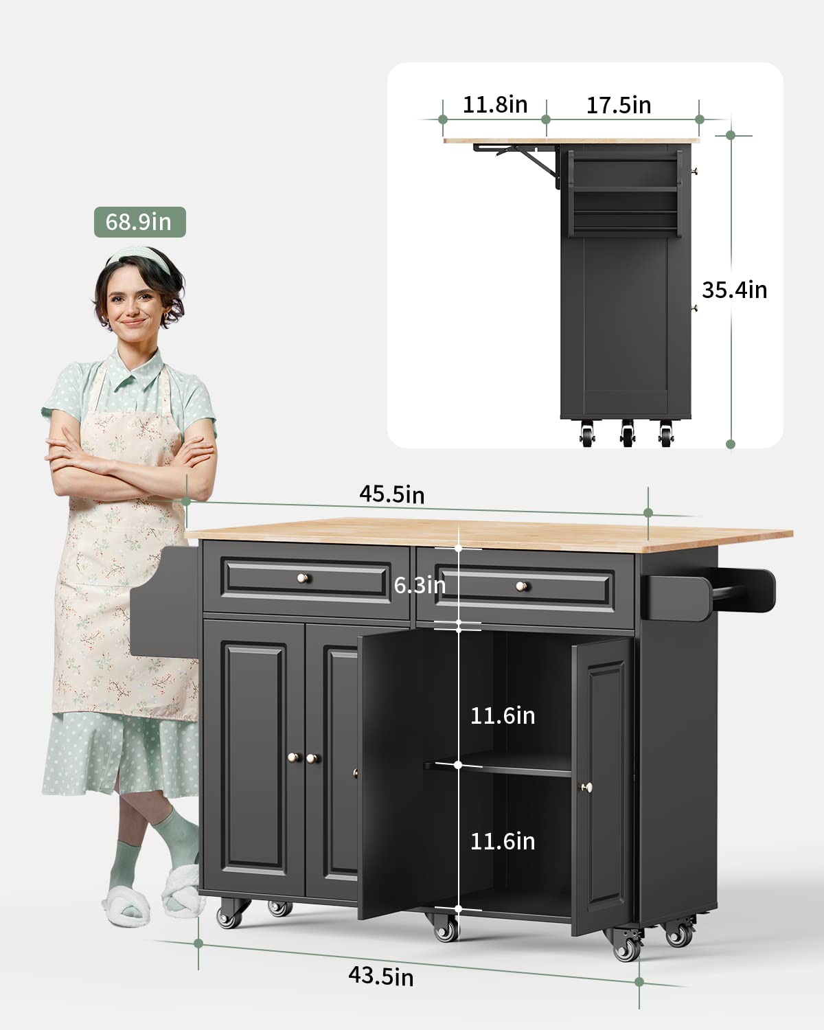 Kitchen Island with Storage & Side Rack - 5-Wheel Mobile Kitchen Cart with Durable Rubber Wood Top (Black) - Perfect for Small Kitchens, Food Prep, and Extra Counter Space
