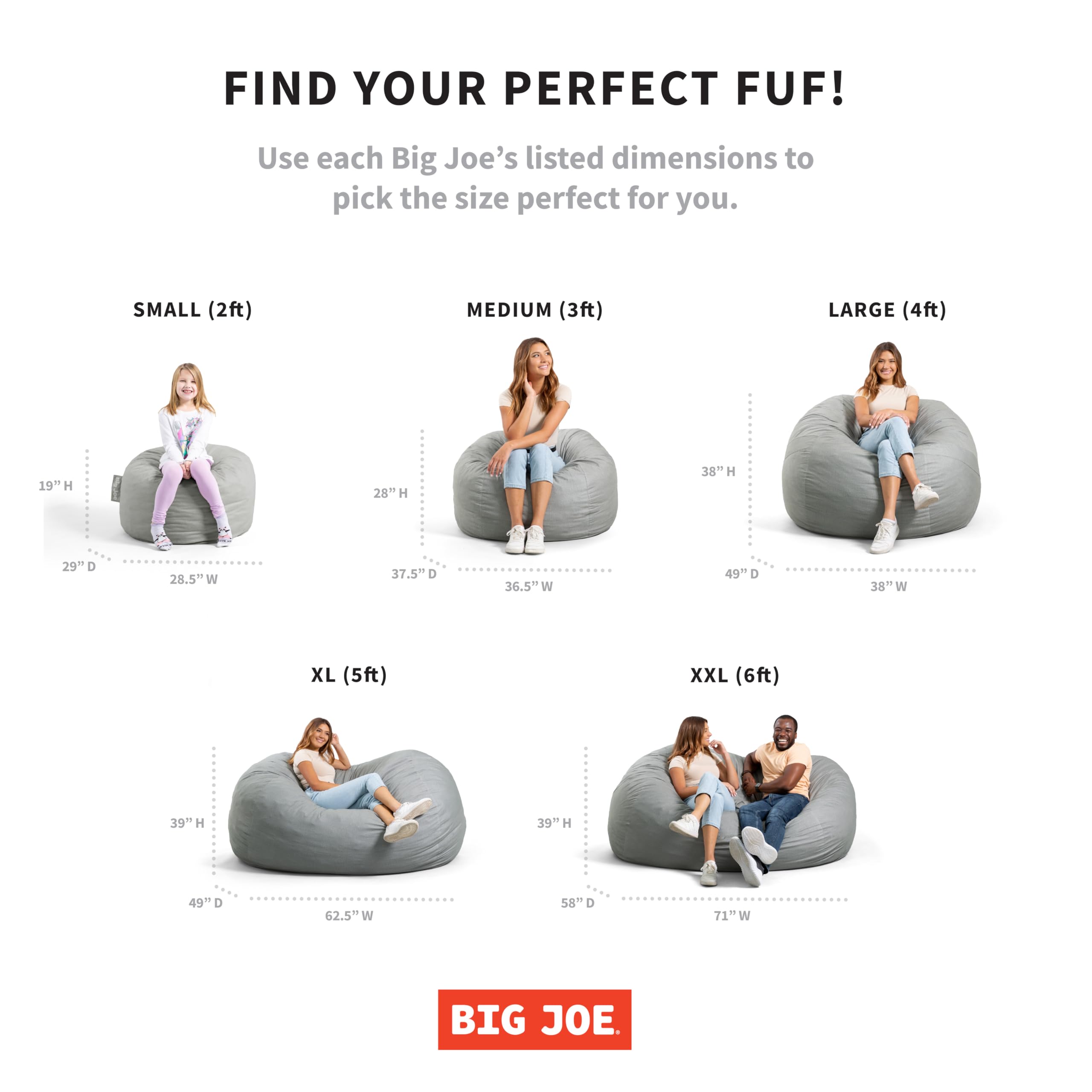 Big Joe Fuf Large Foam Filled Bean Bag Chair with Removable Cover - Ultra Soft Gray Plush Polyester, 4 Feet Oversized Comfort for Adults & Teens - Perfect for Living Room, Game Room, Dorm & Relaxation
