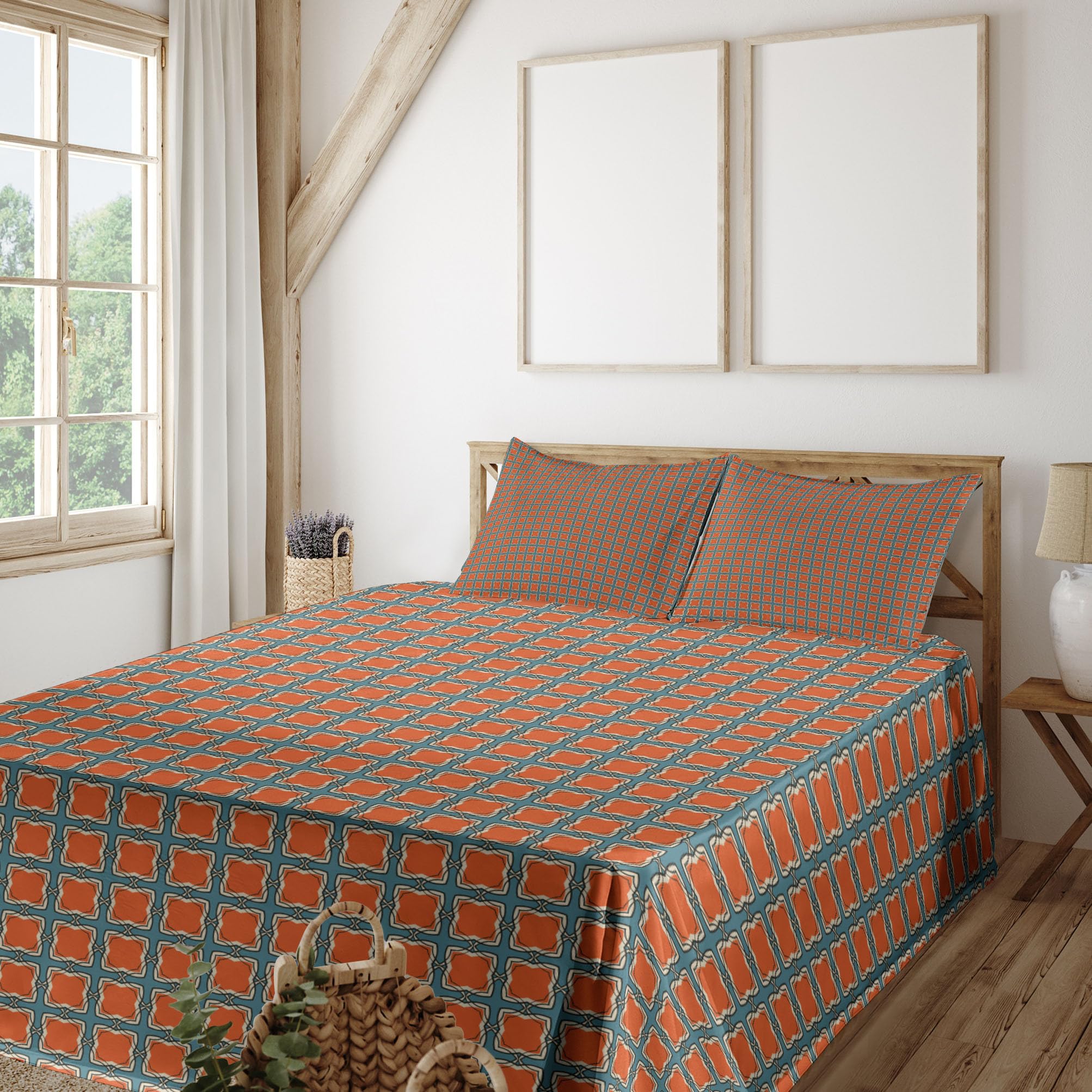 Ambesonne Abstract Sheet Set - Vintage Rhythmic Squares Design in Autumn Tones, 4-Piece King Size Bedding Set with Fitted Sheet, Flat Sheet & Pillowcases (Vermilion & Cadet Blue) | Perfect for Guest Rooms, Master Bedrooms & Cozy Fall Decor
