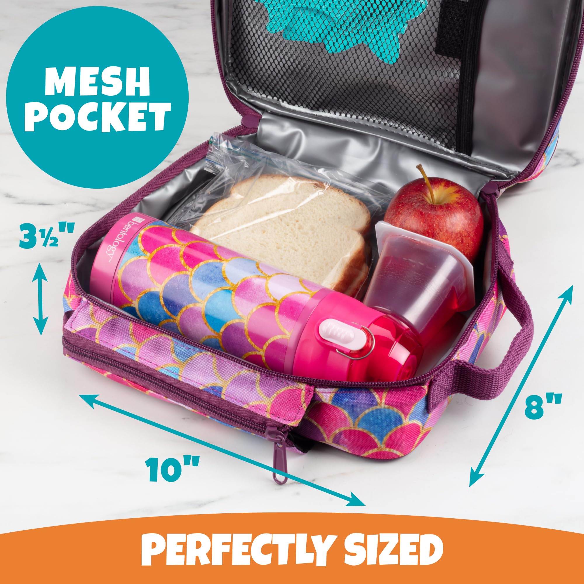 Bentology Kids Lunch Bag Set with Matching Reusable Water Bottle & Hard Ice Pack - Pink Purple Mermaid Design - Insulated Tote, Stainless Steel Thermos - Back to School Lunchbox Kit for Boys & Girls - Perfect for School, Picnics, and Outdoor Activities