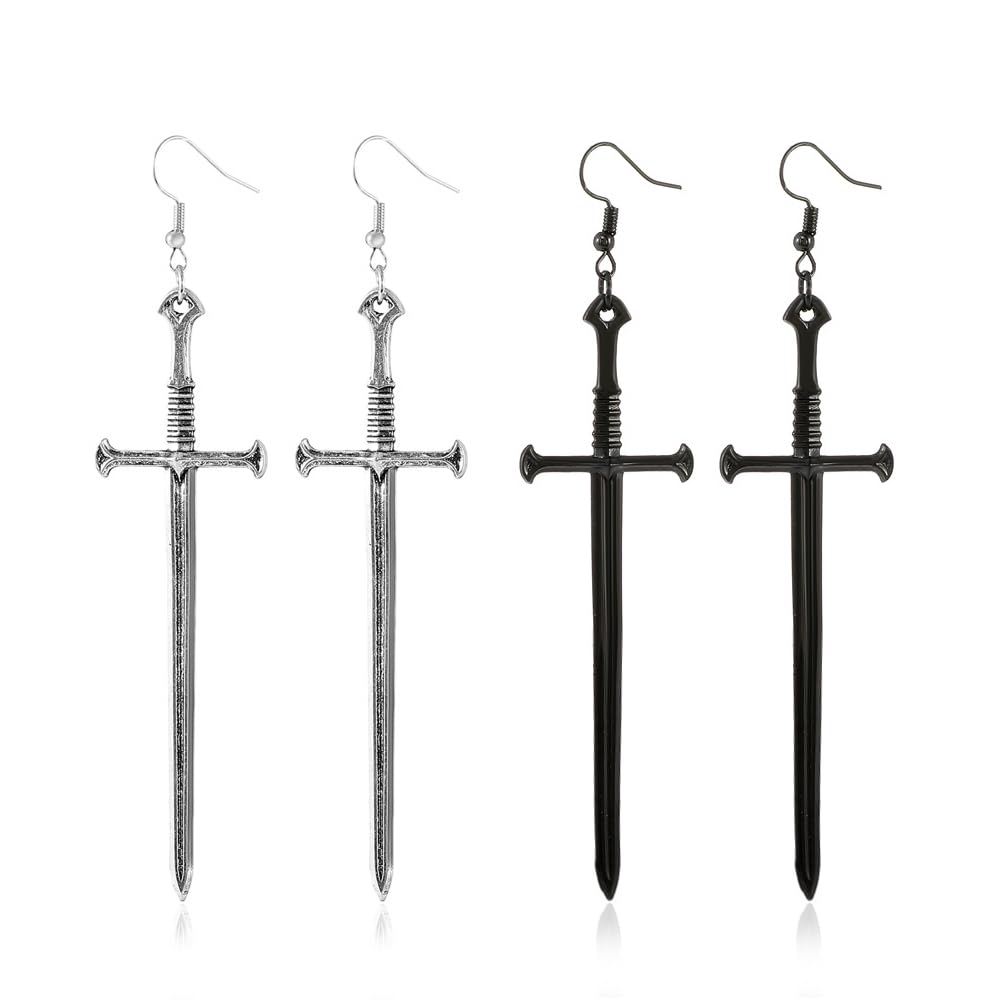 WEENKEEY 2 Pairs Gothic Dagger Sword Earrings - Retro Long Sword Hook Punk Knife Dangle Drop Earrings for Women & Girls (Silver & Black) | Perfect for Halloween, Cosplay, Gothic Fashion and Punk Outfits