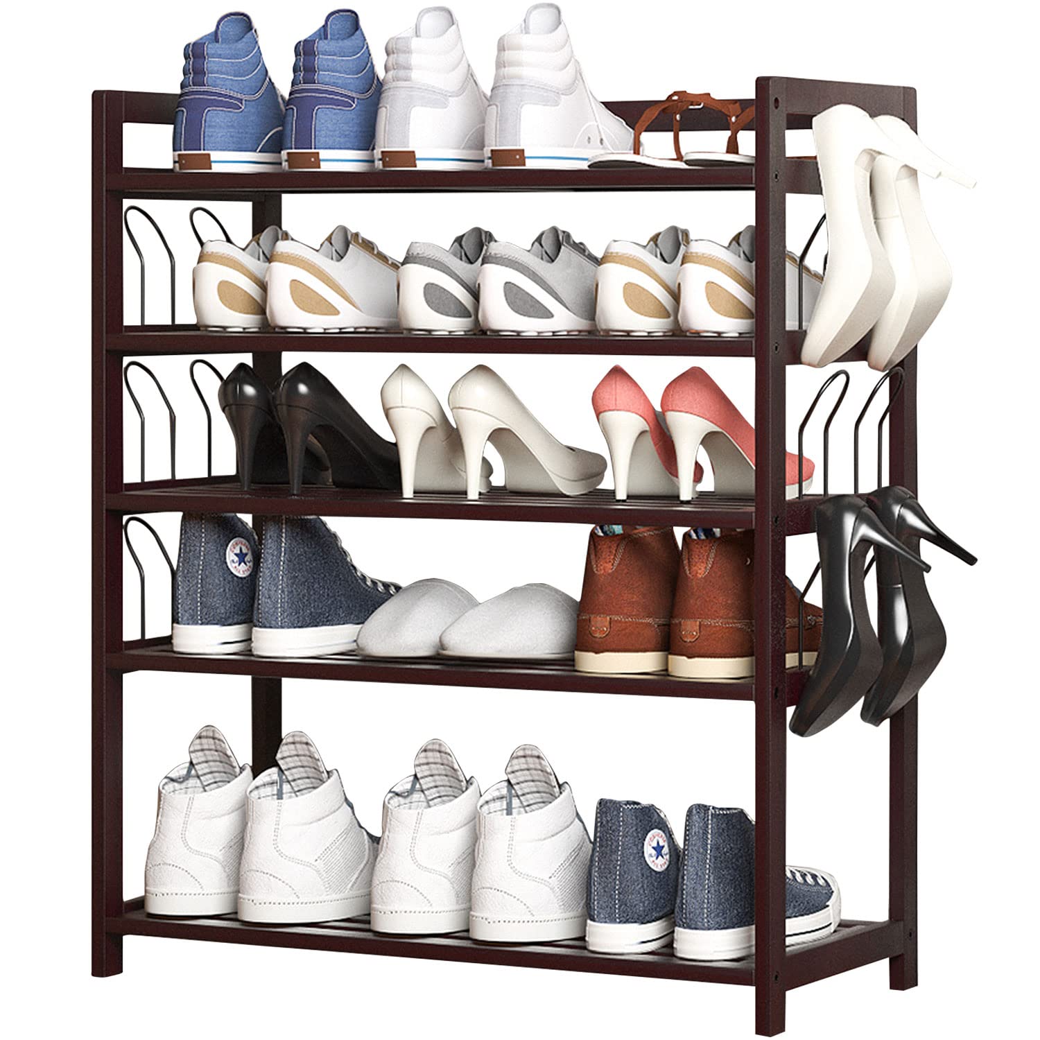 5-Tier Bamboo Shoe Rack & Storage Organizer with Hangers - Space-Saving Entryway Shelf for Shoes, Kitchen Sundries, Bathroom & Living Room Organization (Brown) - Perfect for Small Spaces & Closet Storage Solutions