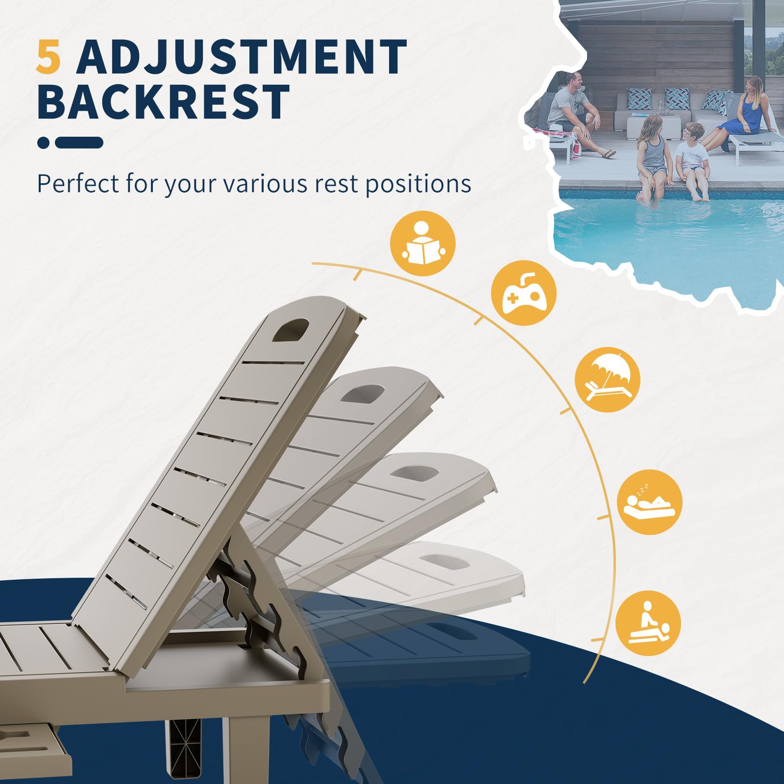 **2-Pack Oversized Outdoor Lounge Chairs - Adjustable Backrest Patio Chaise with Cup Holder, Weather-Resistant Resin Poolside & Beach Chairs for Garden, Yard, or Backyard Relaxation - Perfect for Sunbathing, Lounging by the Pool, or Outdoor Entertaining - Grey**