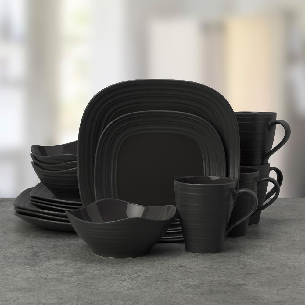 Premium 16-Piece Swirl Graphite Square Dinnerware Set - Service for 4 | Modern Stoneware Plates, Bowls & Mugs | Perfect for Everyday Dining, Dinner Parties & Gift Giving