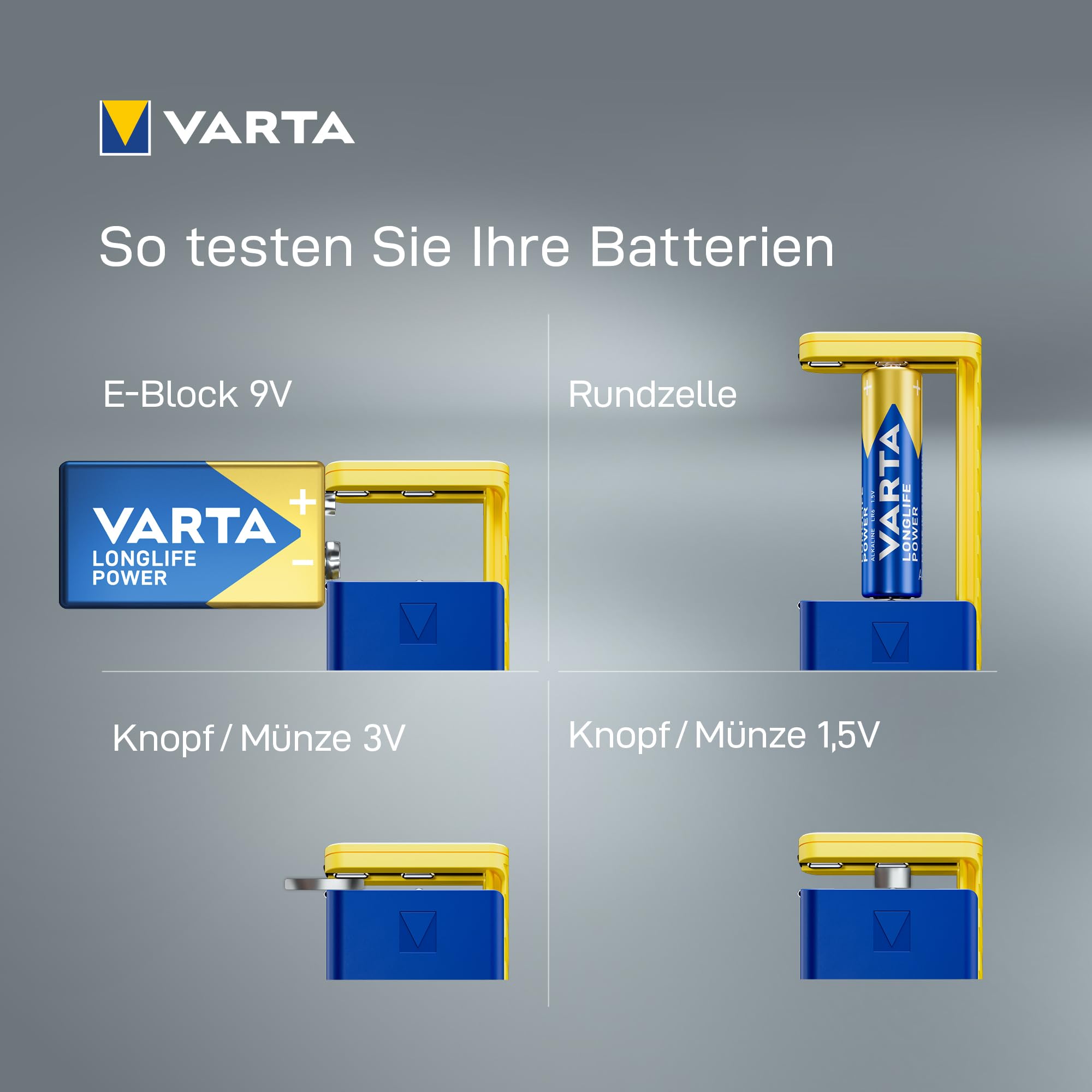 VARTA LCD Digital Battery Tester - Universal Battery Testing Device for AA, AAA, C, D, 9V & Button Cells | Includes 2 x V13GA (LR44) Batteries | Perfect for Home, Office & Electronics Maintenance