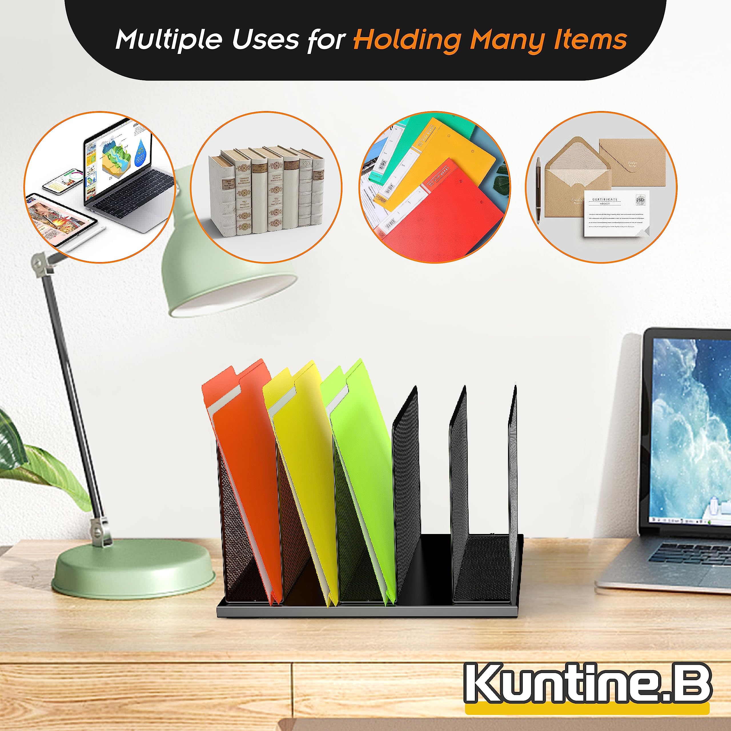 Kuntine.B 5-Section Mesh Desk File Organizer - Upright Desktop File Sorter for Office Documents, Papers & Folders - Perfect for Home Office, Classroom & Workspace Organization (Black) - Keep Your Desk Neat & Productive