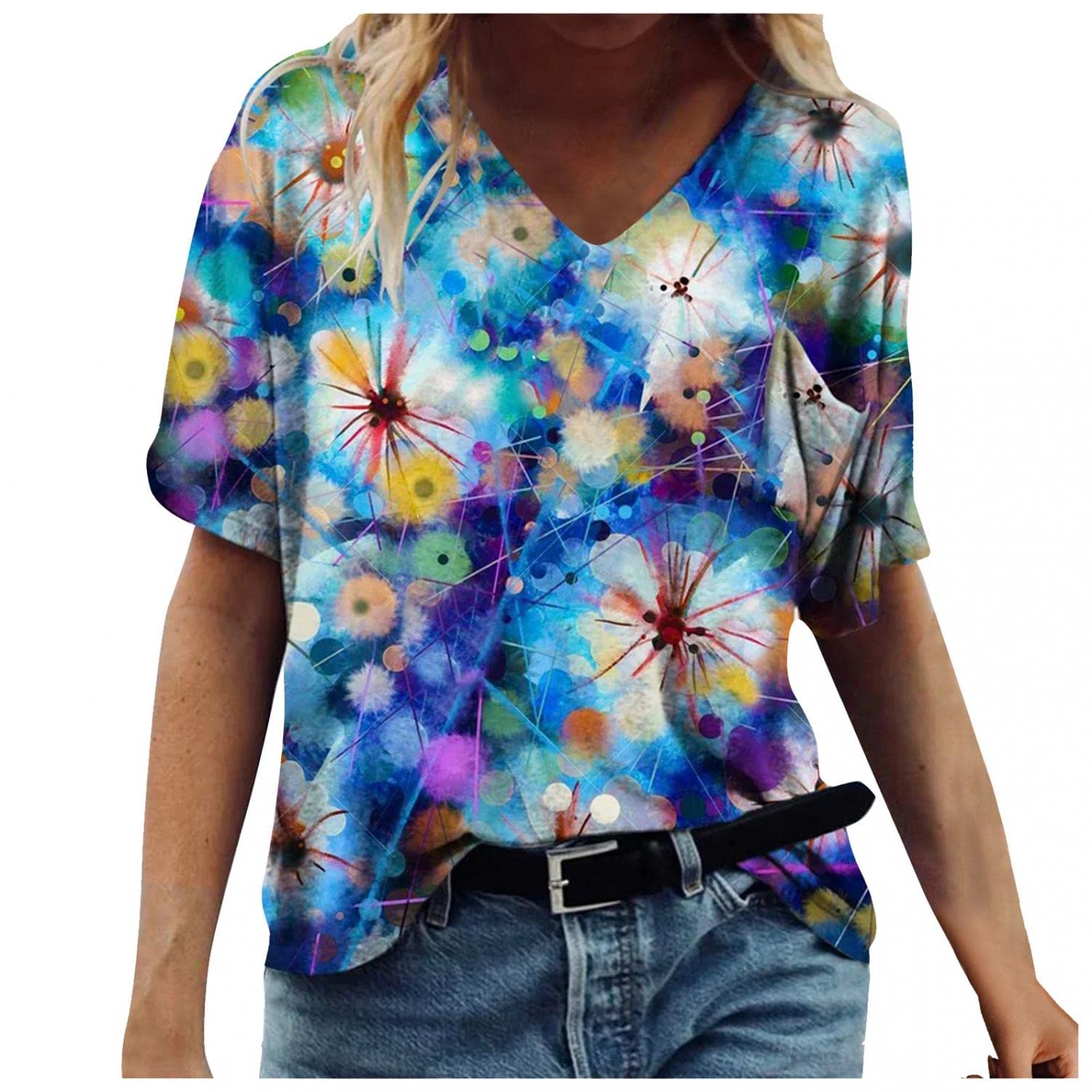 Trendy Women's Loose Fit Tie Dye V-Neck Graphic T-Shirts - Short Sleeve Casual Tunic Blouse for Everyday Wear, Summer Outfits & Boho Style Fashion