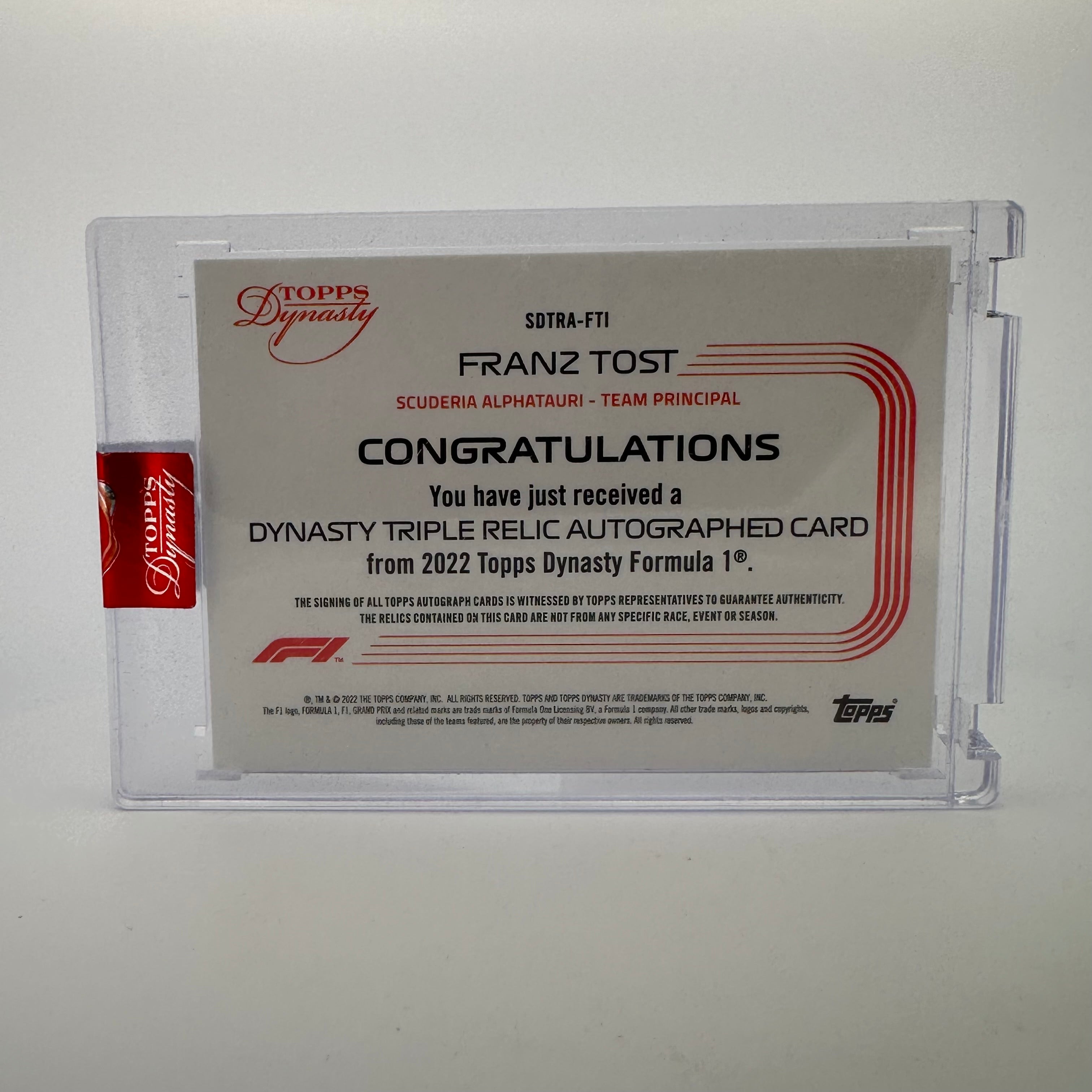 2022 Dynasty Triple Relic Autograph #SDTRA FTI - Franz Tost Signed Memorabilia for Sports Collectors & F1 Racing Fans - Perfect for Display, Gifts, and Memorabilia Collections
