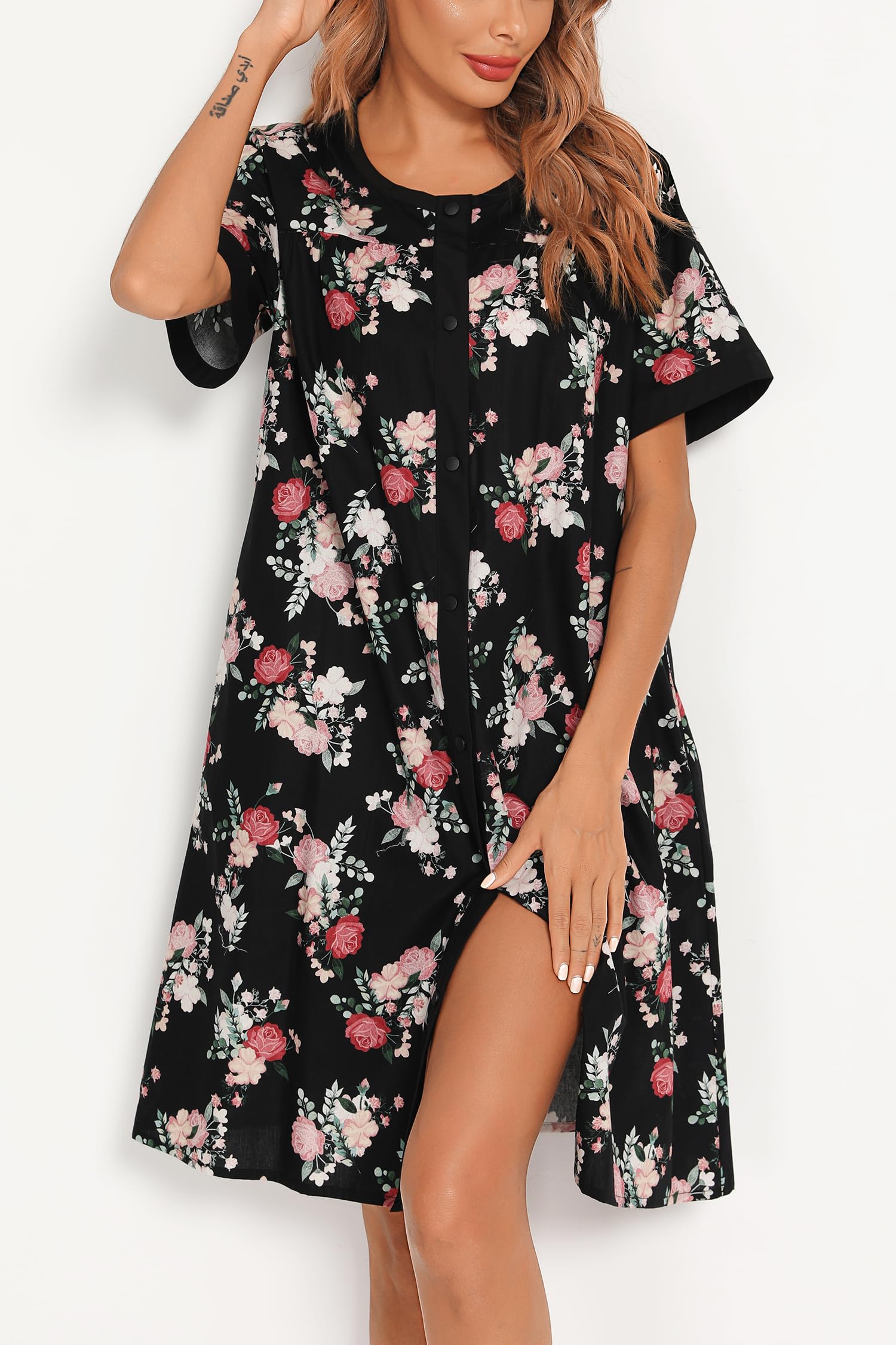 YOZLY Women's Short Sleeve House Dress with Pockets - Comfortable Casual Duster Robe & Moomoo Nightgown for Home, Lounge, and Sleepwear