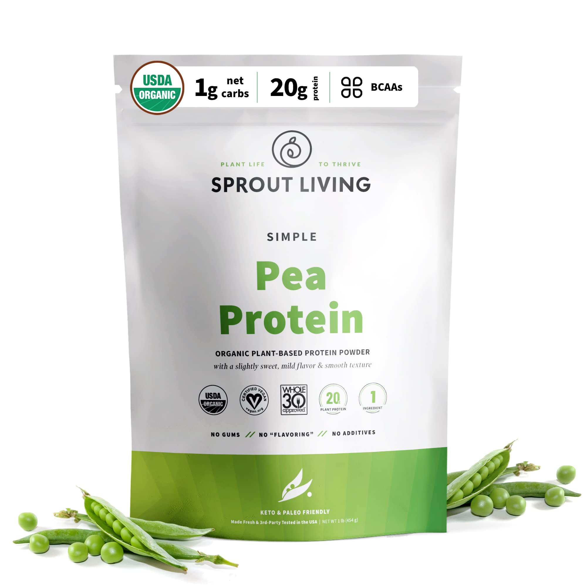 Sprout Living Organic Pea Protein Powder - 20g Plant-Based Vegan Protein, Non-GMO, Dairy-Free, Gluten-Free, Keto-Friendly, No Artificial Sweeteners (1lb) - Perfect for Smoothies, Baking & Post-Workout Recovery