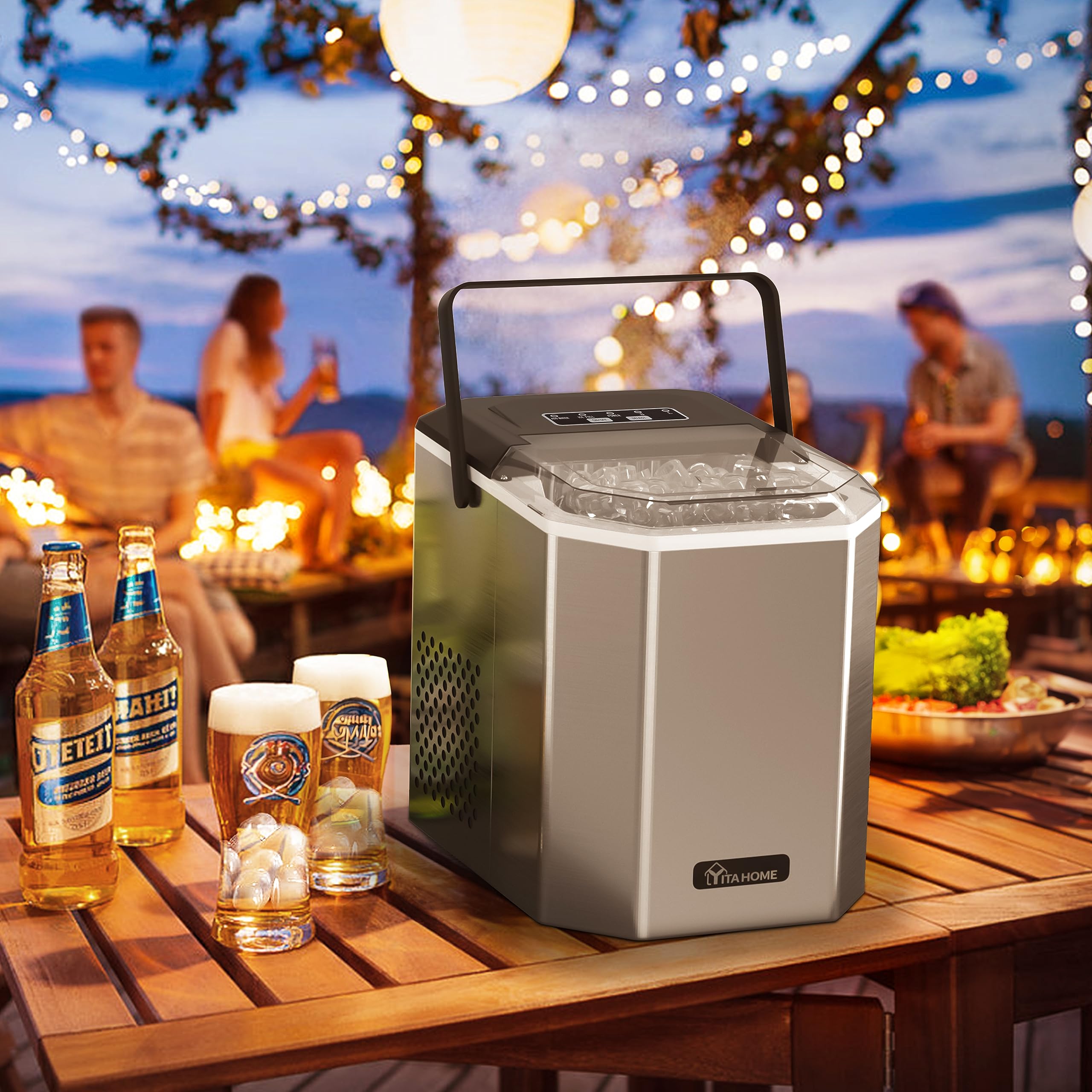 YITAHOME Portable Countertop Ice Maker Machine - 9 Ice Cubes in 6 Minutes, 26LBS/24H - Stainless Steel Self-Cleaning Compact Ice Maker with Handle, Scoop & Basket - Perfect for Home, Office, RV, Boat & Outdoor Parties