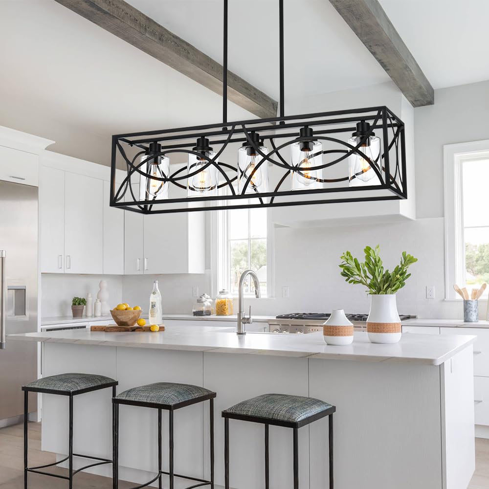 Farmhouse Black Kitchen Island Lighting - 5-Light Rectangular Chandelier with Clear Glass Shades, Linear Pendant Light Fixture for Dining Room, Pool Table, Living Room - Perfect for Rustic Home Decor & Modern Farmhouse Interiors