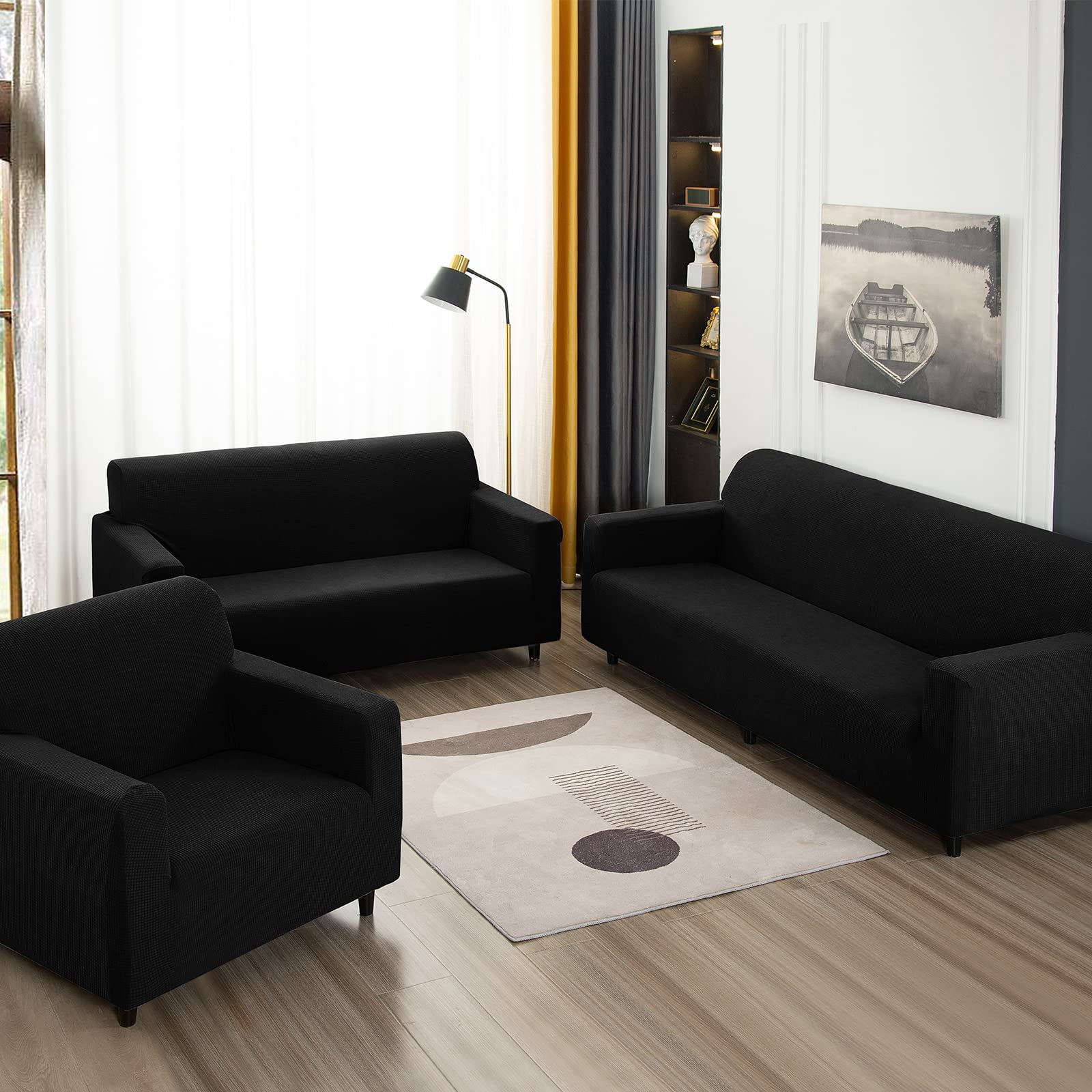 3-Piece Sofa Cover Set for Couch, Loveseat & Armchair - Stretchable Jacquard Velvet Slipcovers Fits 1/2/3 Seater Furniture (Black) - Perfect for Living Room, Bedroom & Home Decor Protection