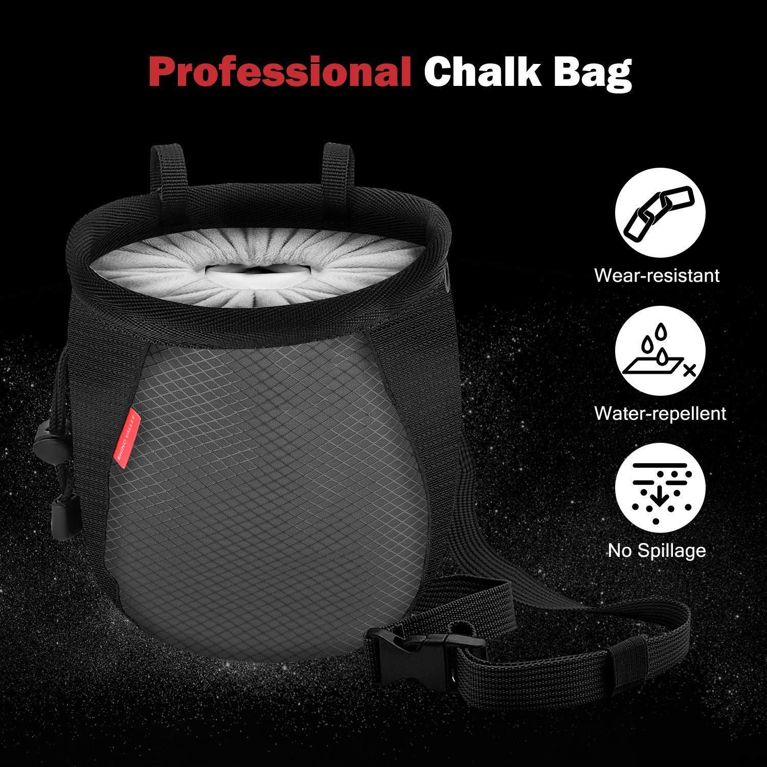 Rhino Valley No Leak Climbing Chalk Bag with Adjustable Belt, Carabiner Clip & Zippered Pockets - Perfect for Rock Climbing, Bouldering, CrossFit, Weightlifting & Gym Workouts | Durable & Secure Chalk Holder for Outdoor Sports & Fitness Training
