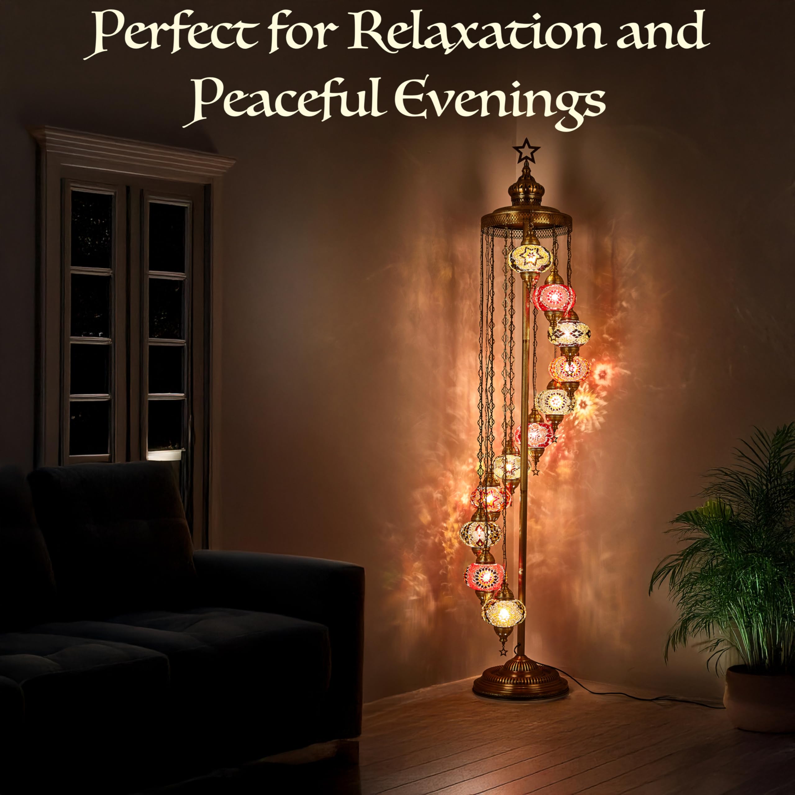 DEMMEX 11 Globe Turkish Floor Lamp - 7ft Tall Moroccan Mosaic Standing Lamp, Handmade Tiffany-Style Decorative Lighting for Bedroom & Living Room - Red-Brown Finish | Perfect for Boho Home Decor, Cozy Reading Nook & Ambient Living Space Lighting