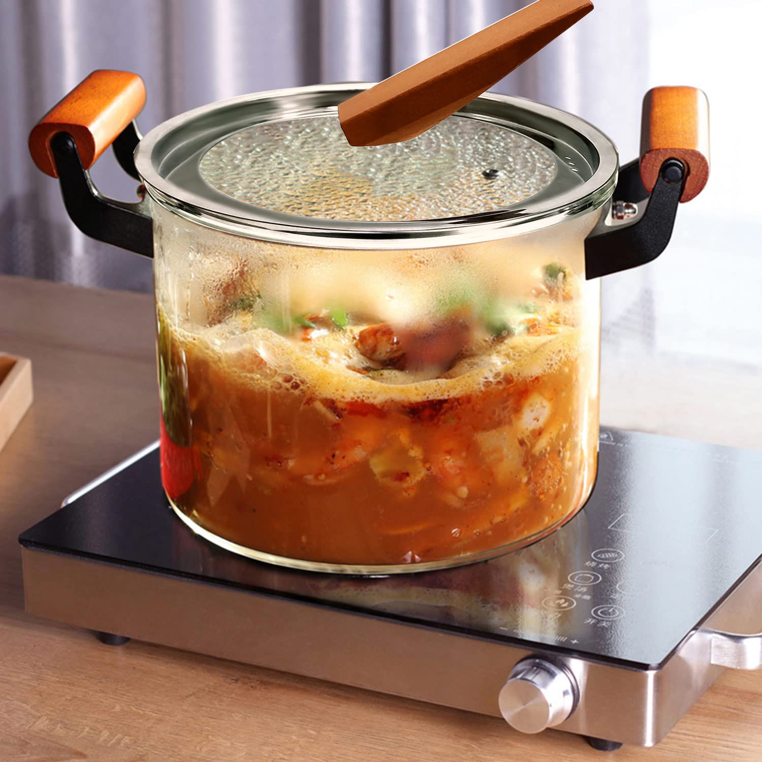 **ABHOME 5L Clear Glass Saucepan with Lid - Heat Resistant Stovetop Pot with Wooden Handles for Cooking Pasta, Milk & Baby Food - Perfect for Home Kitchen, Meal Prep & Healthy Cooking**