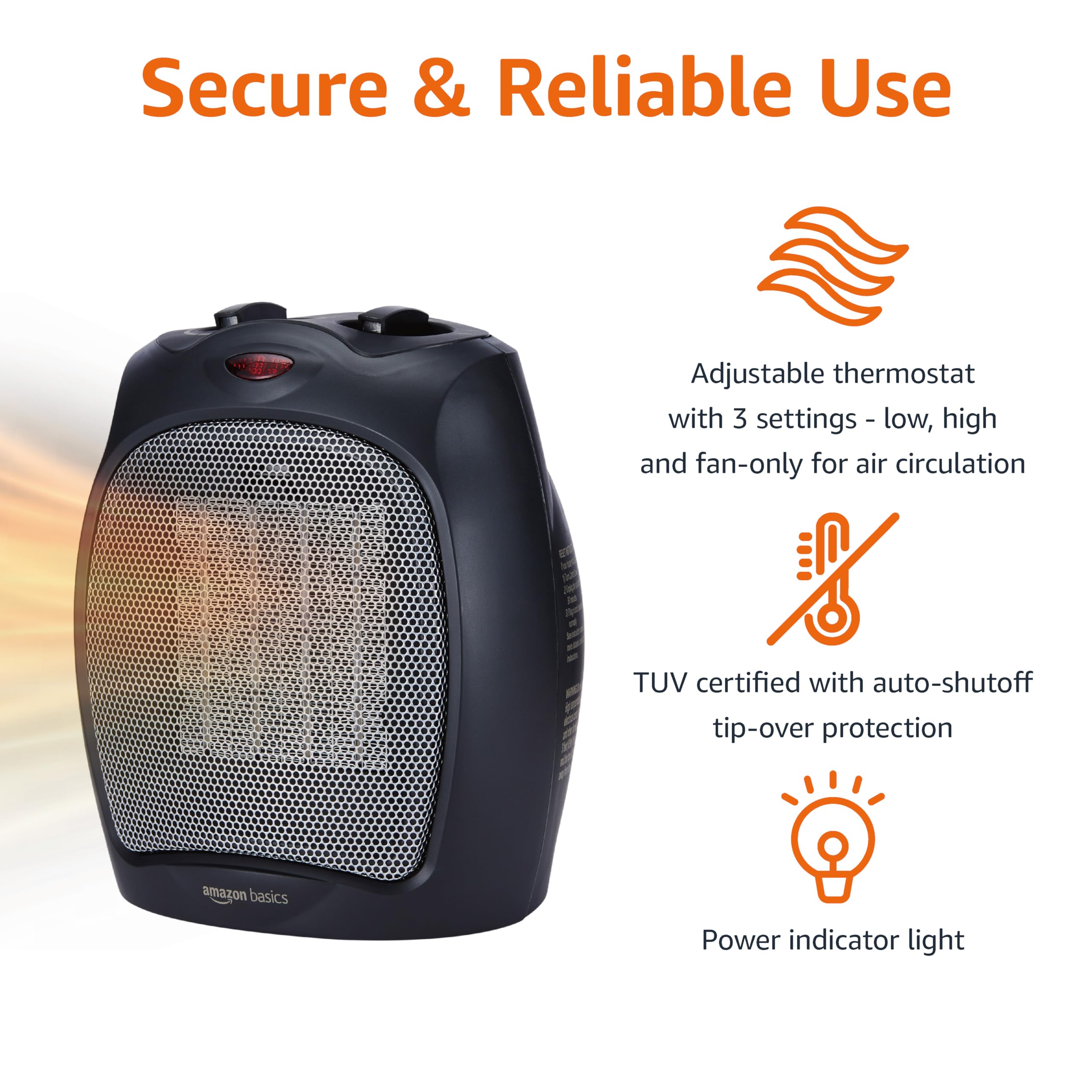 Amazon Basics 1500W Ceramic Space Heater - Portable Indoor Heater with Thermostat, Overheat & Tip-Over Protection for Home, Office, Bedroom - Compact Design (7.52