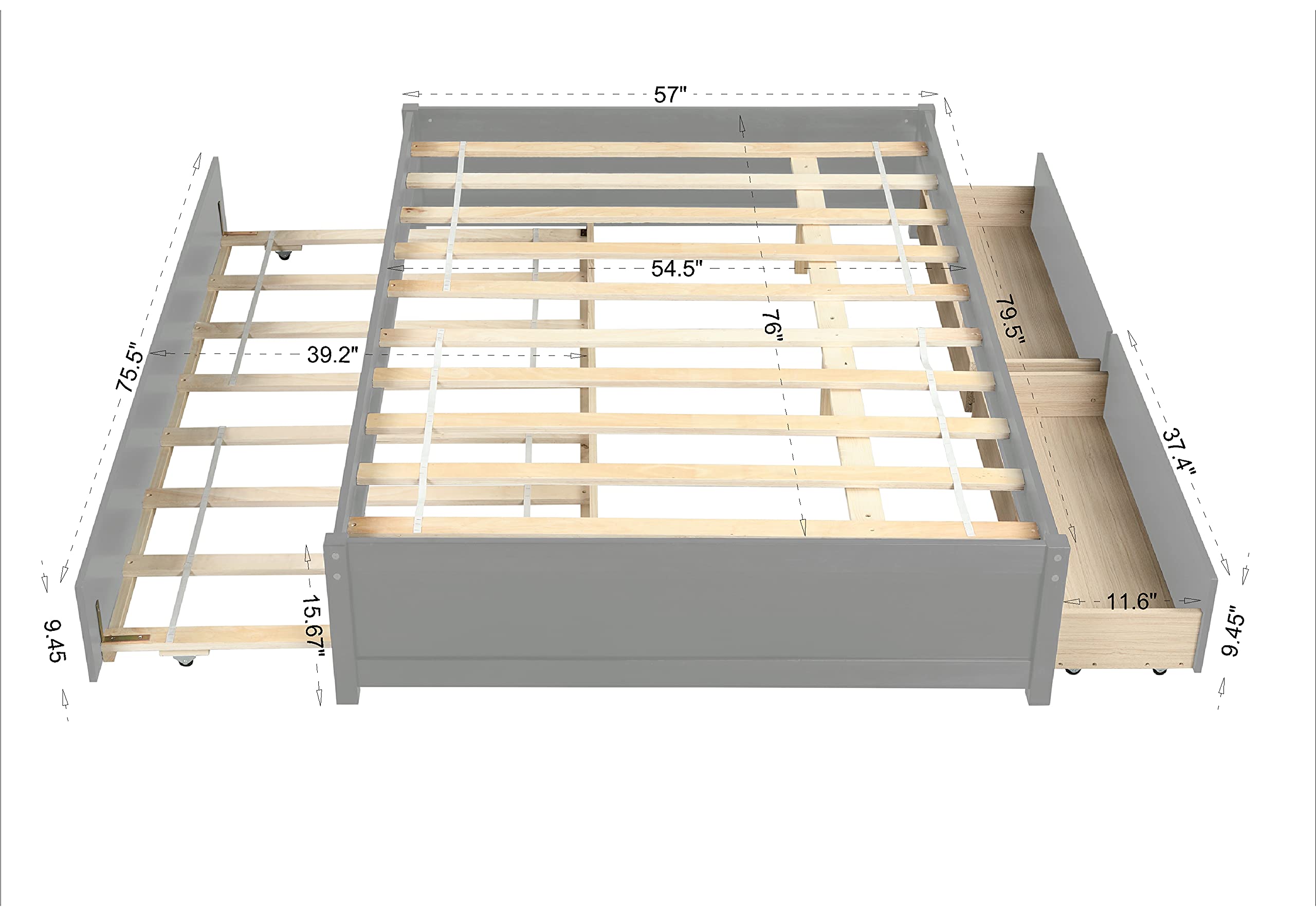 Solid Wood Full Size Platform Bed Frame with Trundle & Storage Drawers - Grey Captain Bed for Kids, Teens & Adults - Perfect for Small Spaces, Guest Rooms & Dormitories