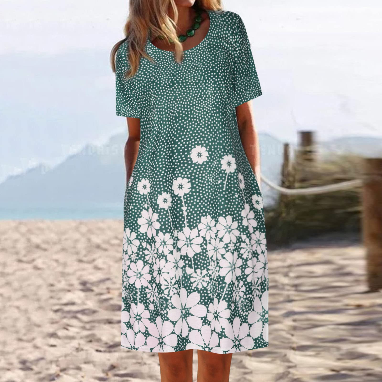 Women's Casual Flowy Pleated T-Shirt Dress with Pockets - Green | Comfortable Loose Fit Summer Dress for Outings, Beach & Everyday Wear