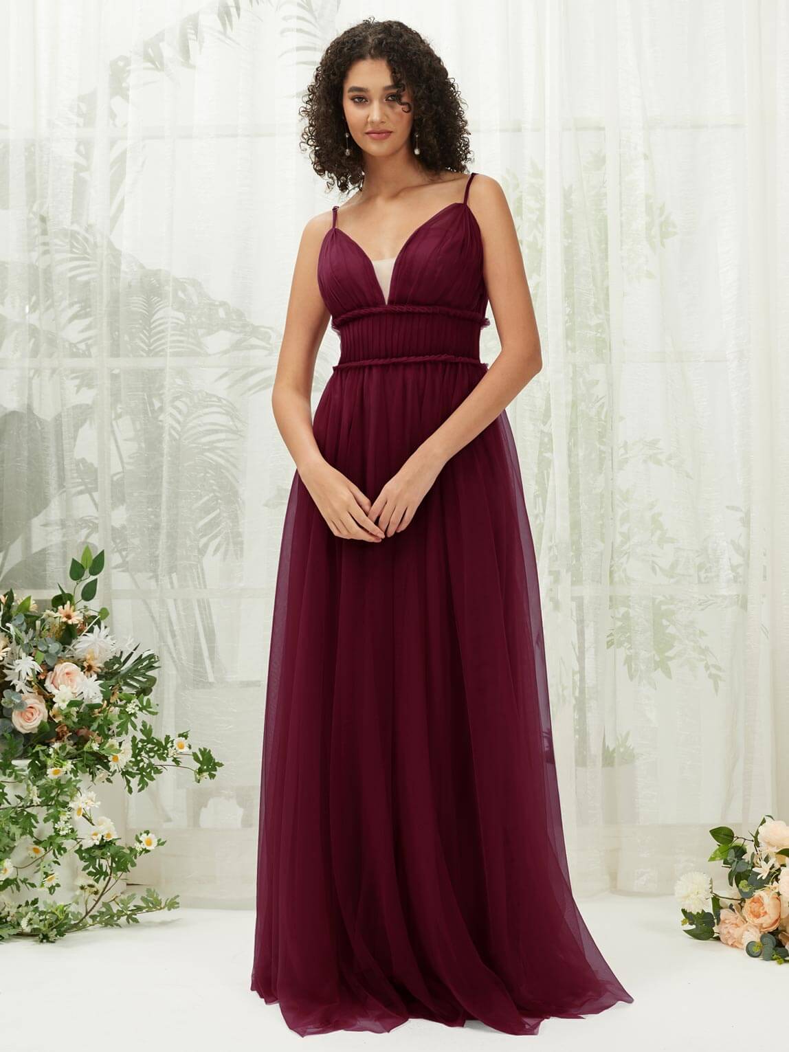 Elegant Burgundy Tulle Backless Pleated Pocket Floor Length Bridesmaid Dresses for Weddings, Formal Events & Special Occasions
